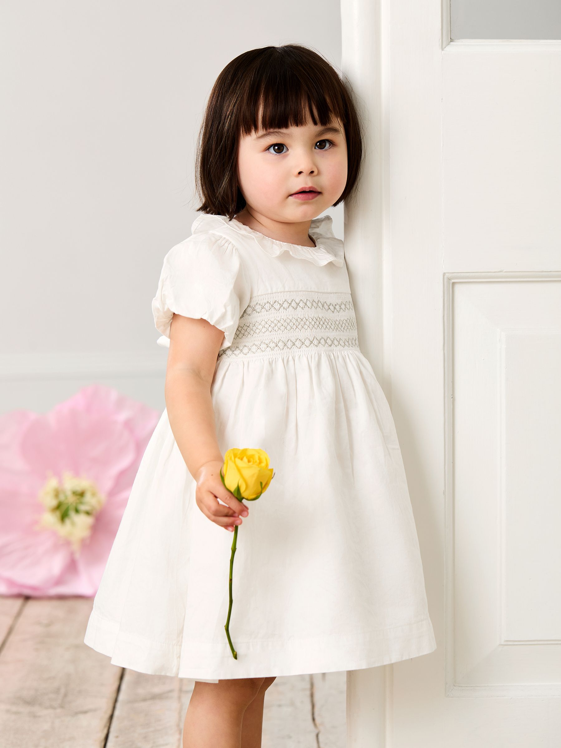 Cream Smocked Puff Sleeve Cotton Satin Flower Girl Dress