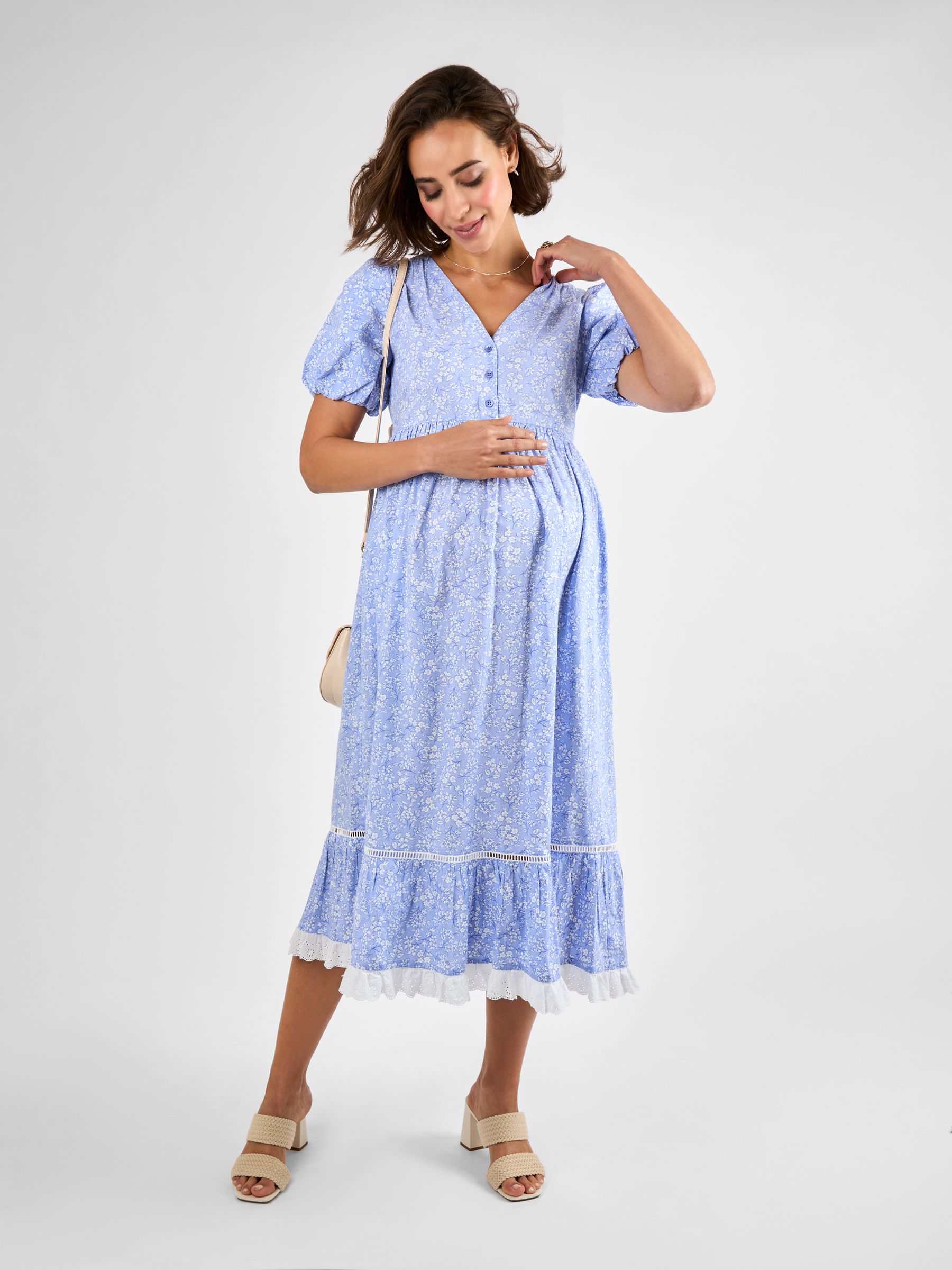 Blue Floral Print Maternity Midi Dress