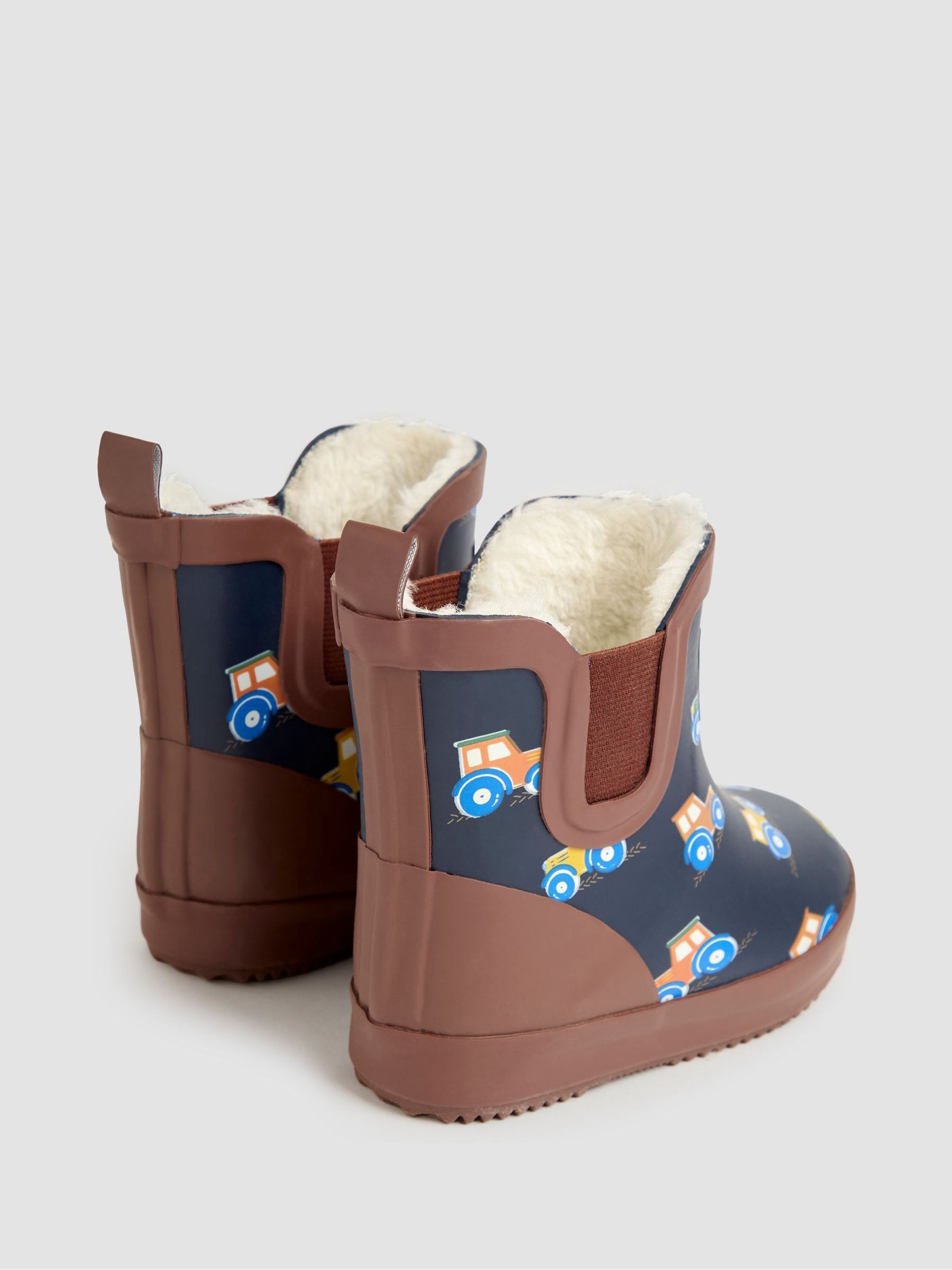 Navy Blue Tractor Cosy Lined Fox Print Ankle Wellies