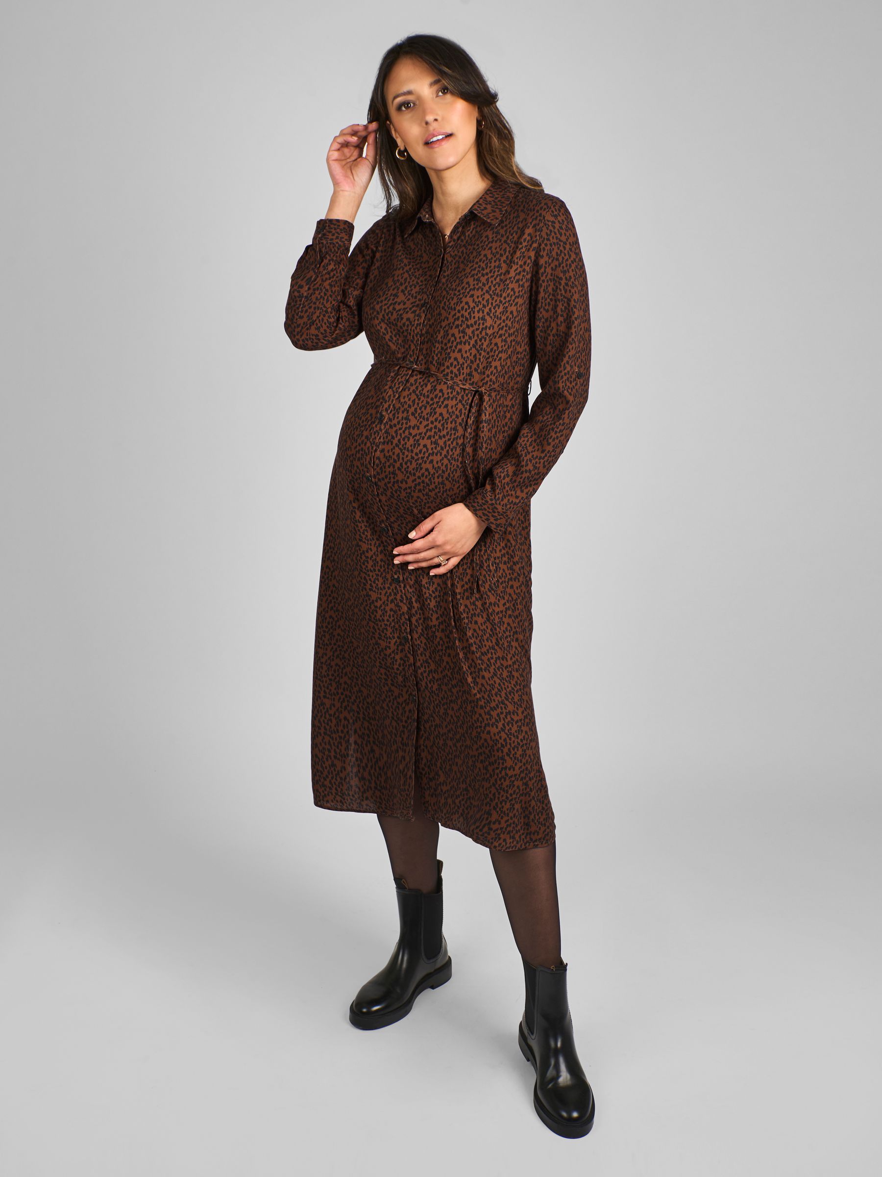 Rust Orange Animal Print Maternity Midi Shirt Dress