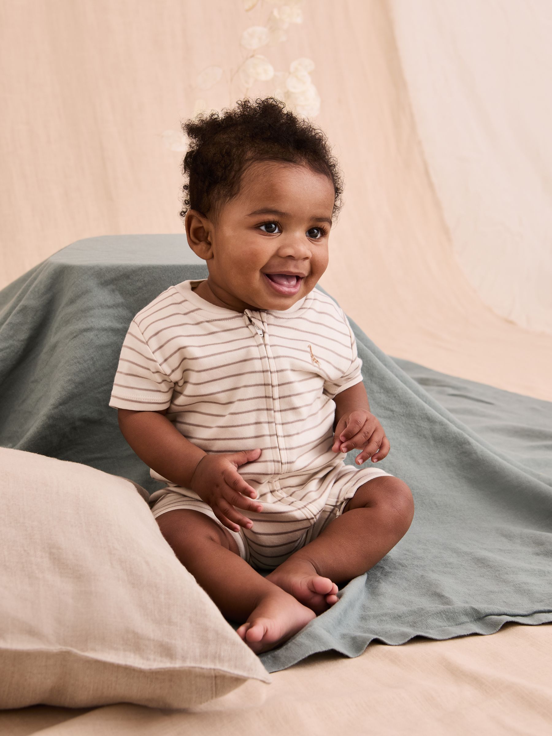 Cream 100% Cotton Short-Sleeved Stripe Romper