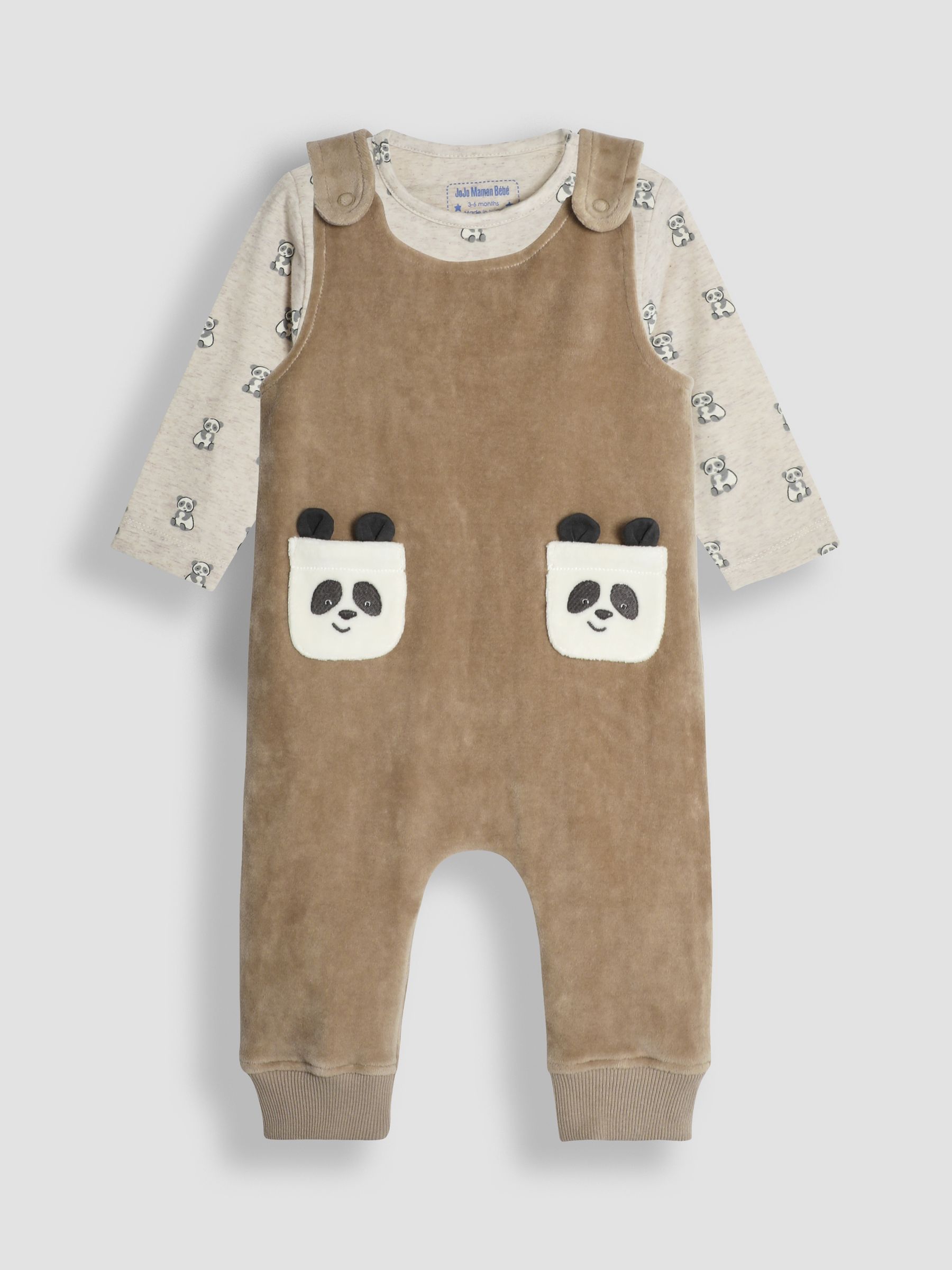 Natural Panda Applique Pocket Dungarees And Top Set