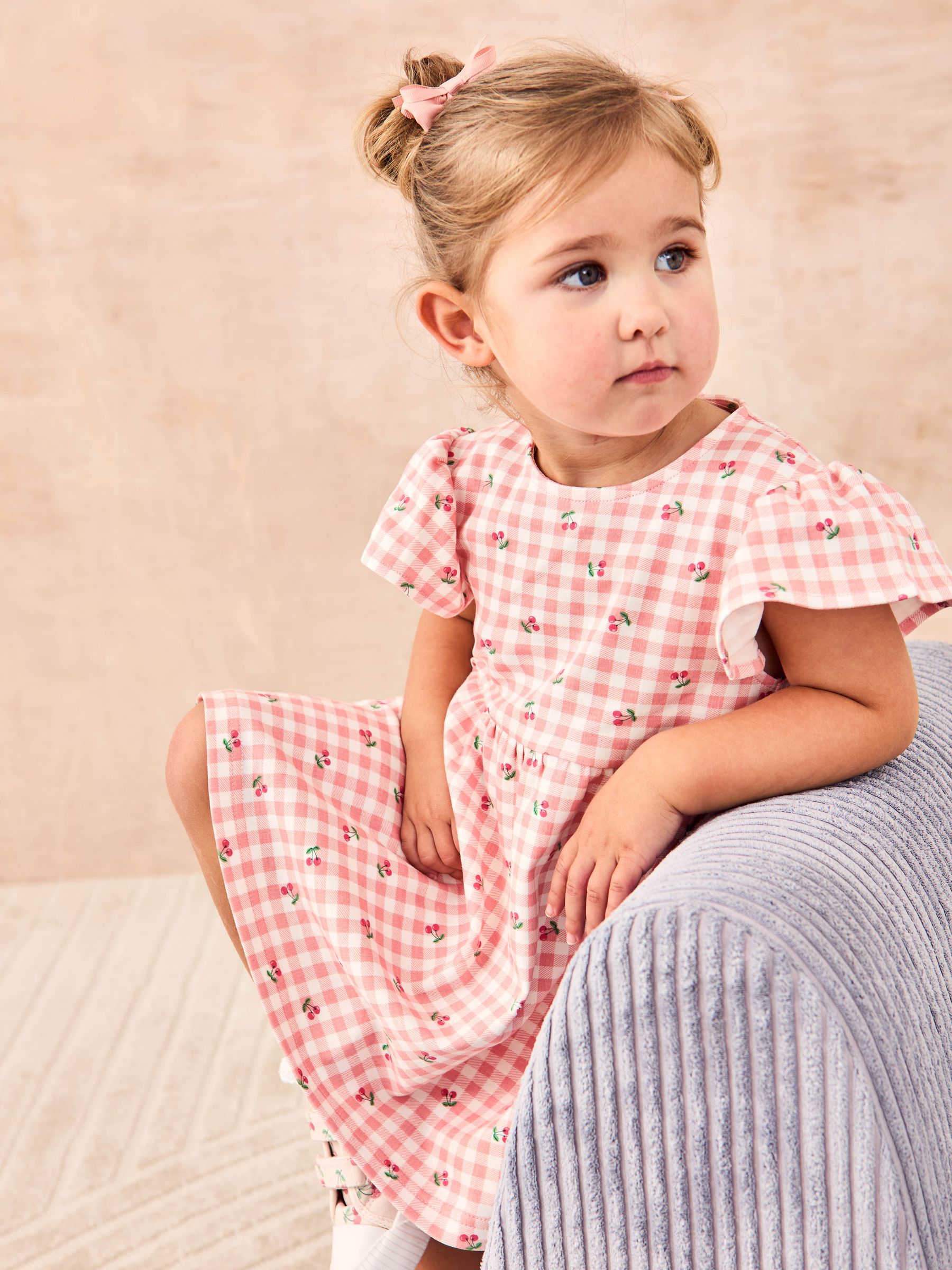 Pink Cherry Gingham Flutter Sleeve 100% Cotton Dress
