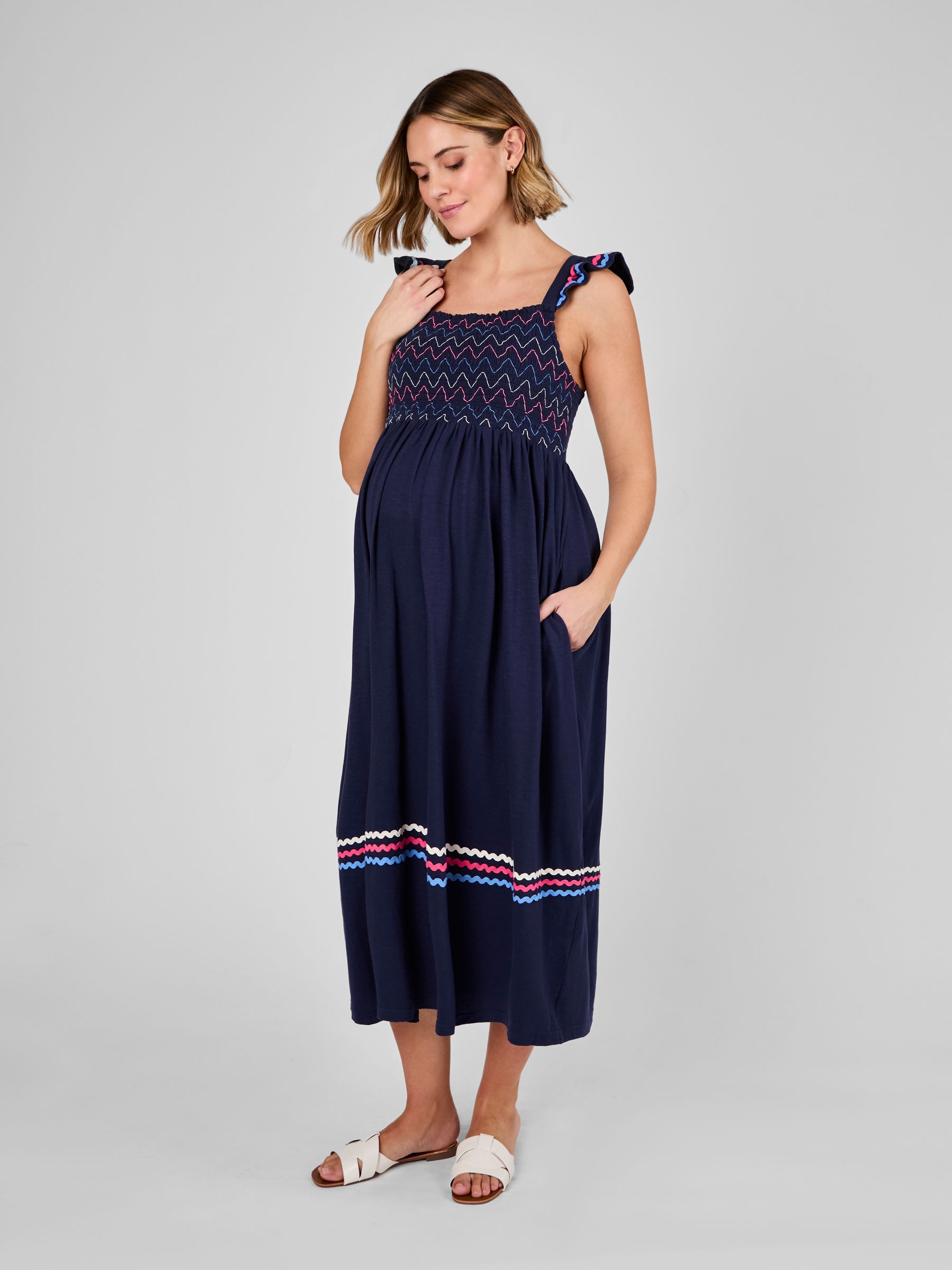 Pink Frill Sleeve Shirred Maternity Midi Dress