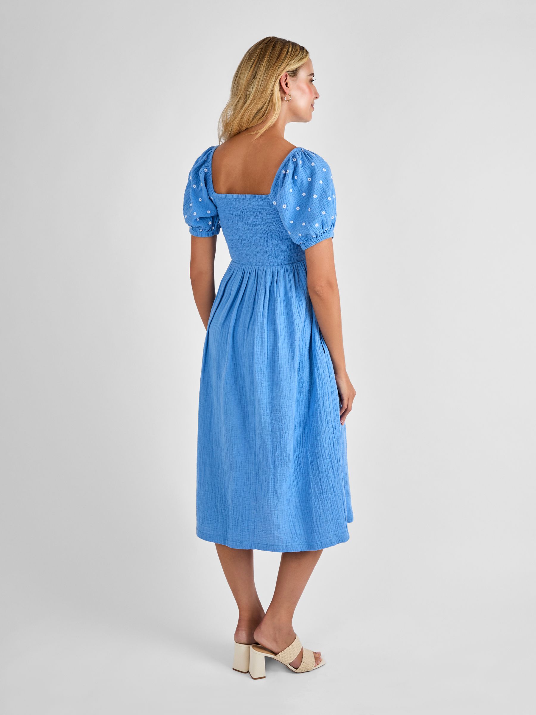 Pink Shirred Embroidered Maternity Midi Dress
