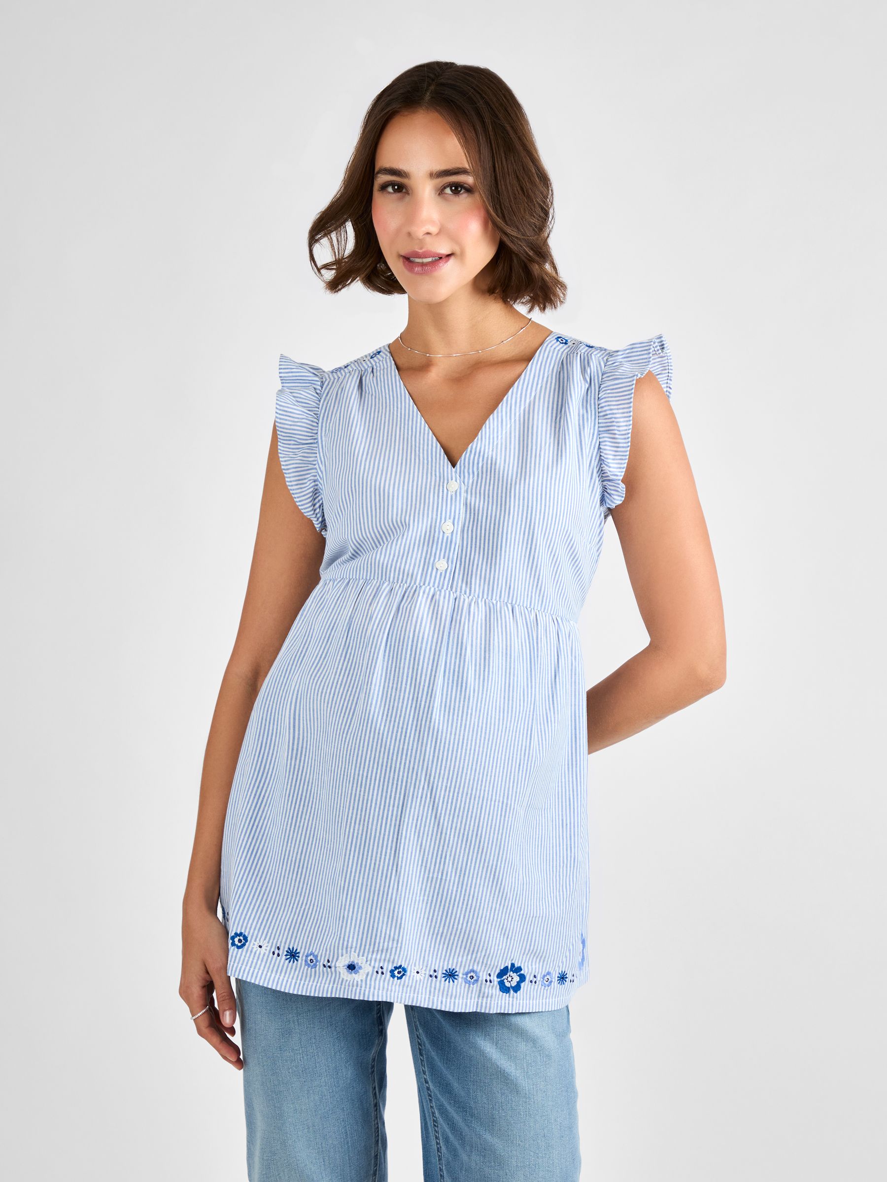 Blue Maternity Embroidered Stripe 100% Cotton Blouse