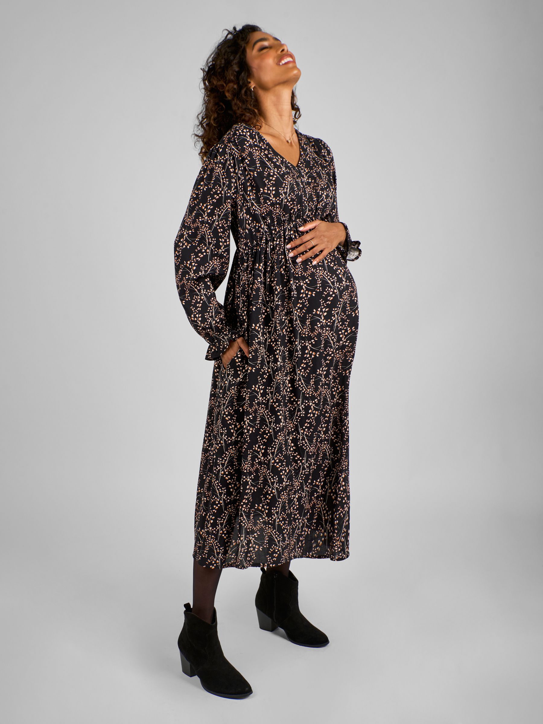 Black Polka Dot V-Neck Maternity Midi Dress
