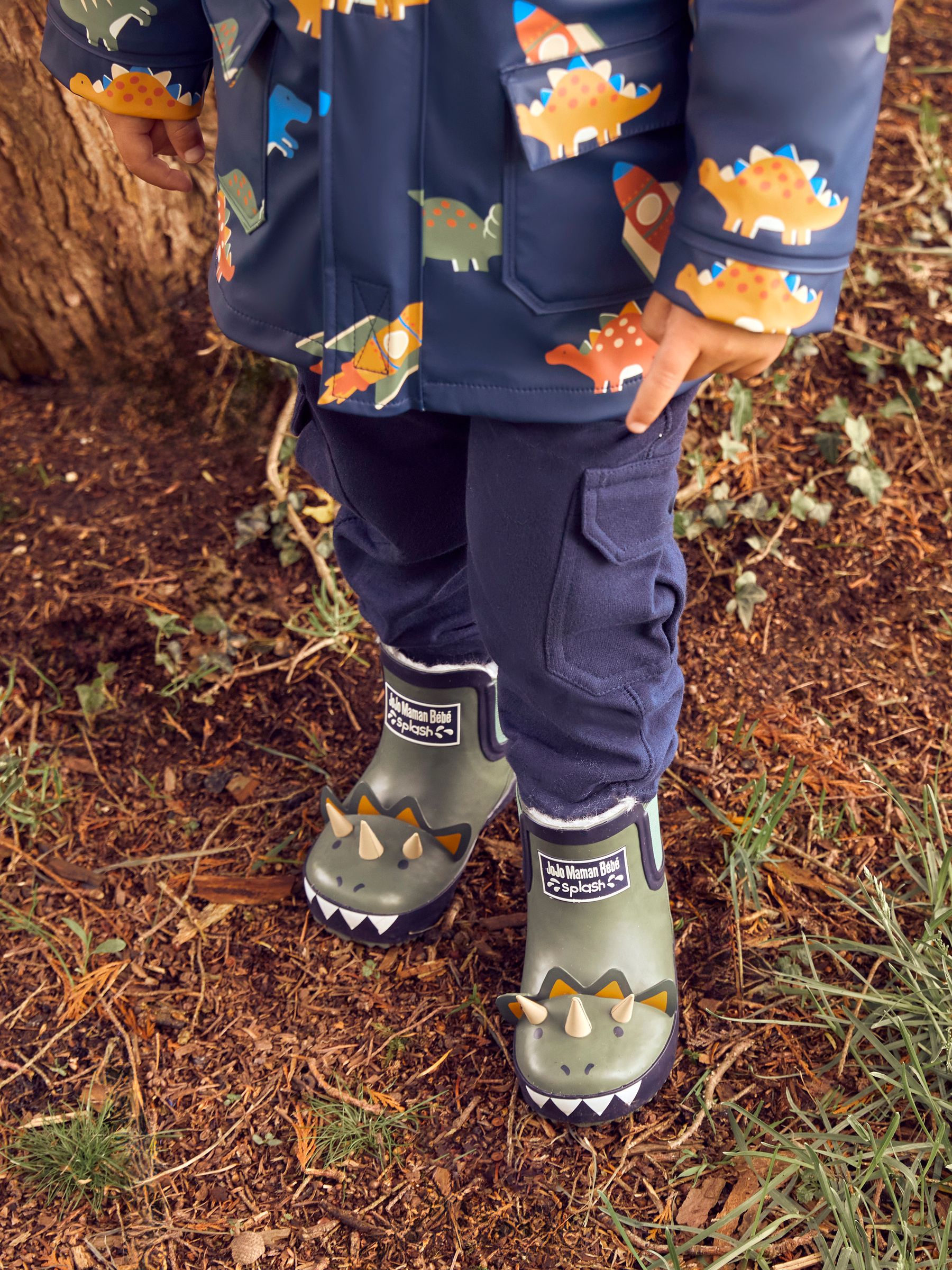 Khaki Cosy Lined Dino Ankle Wellies