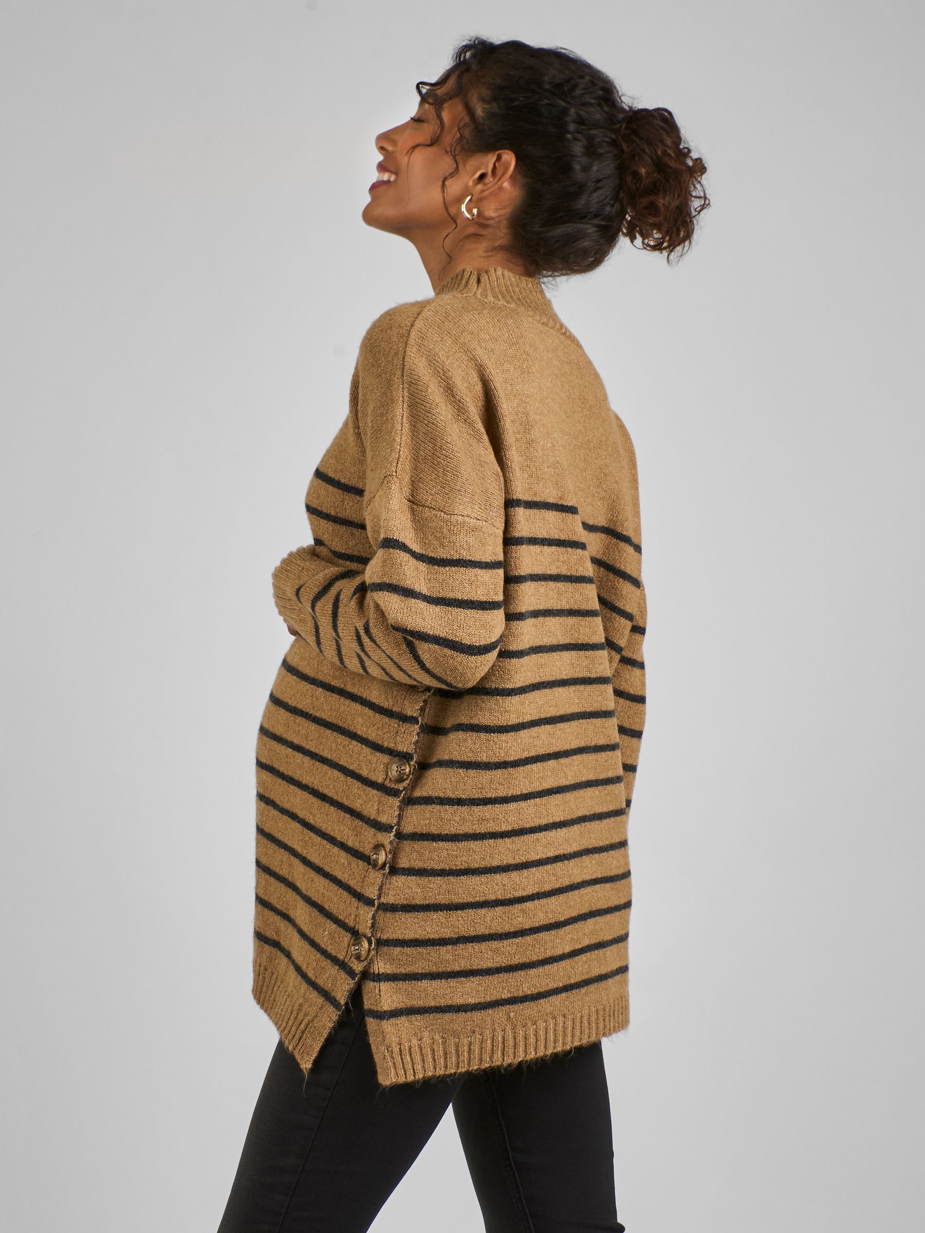 Camel Brown Stripe Turtle Neck Maternity & Nursing Jumper