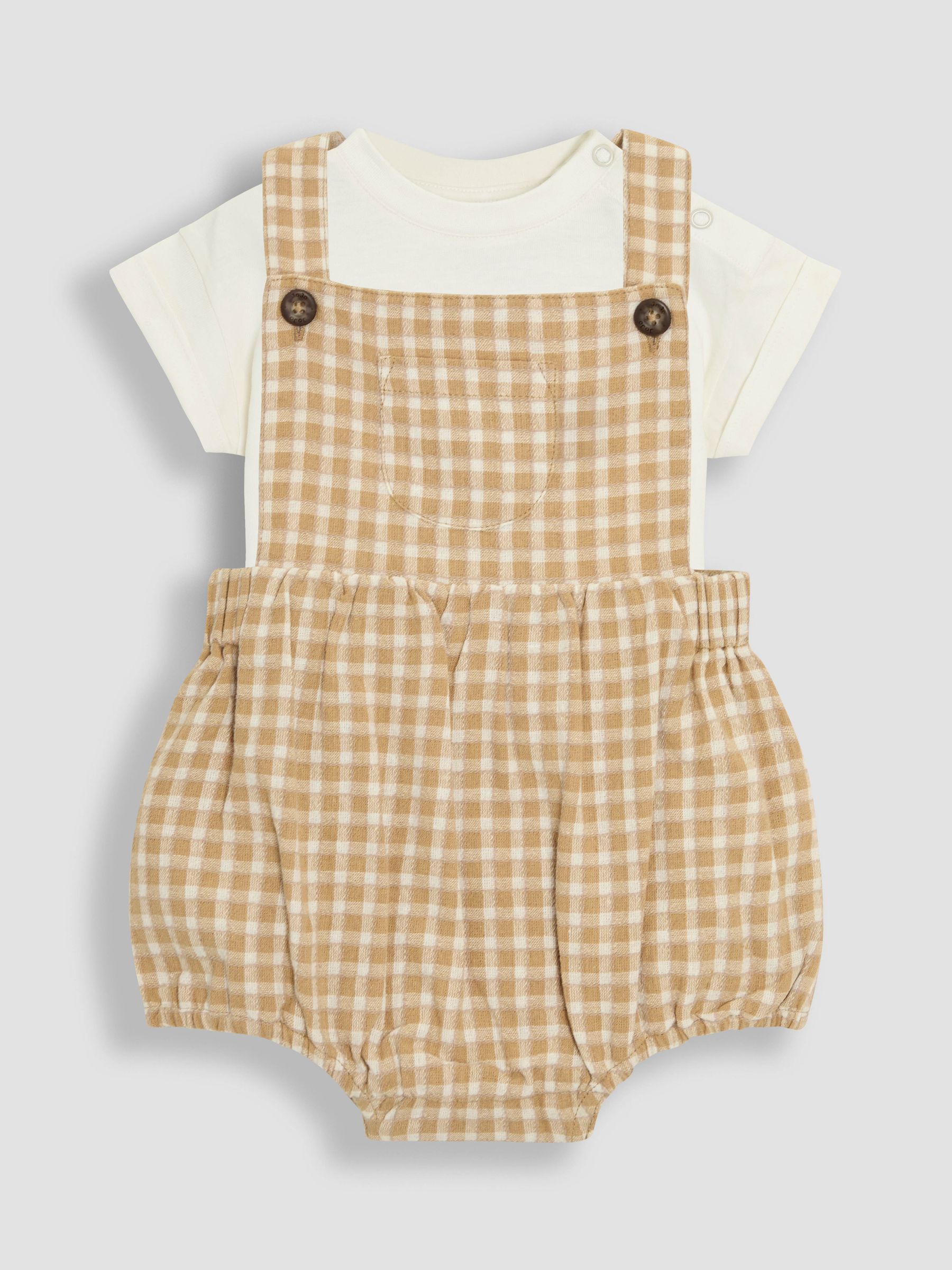 Brown Textured Gingham 100% Cotton Romper Set