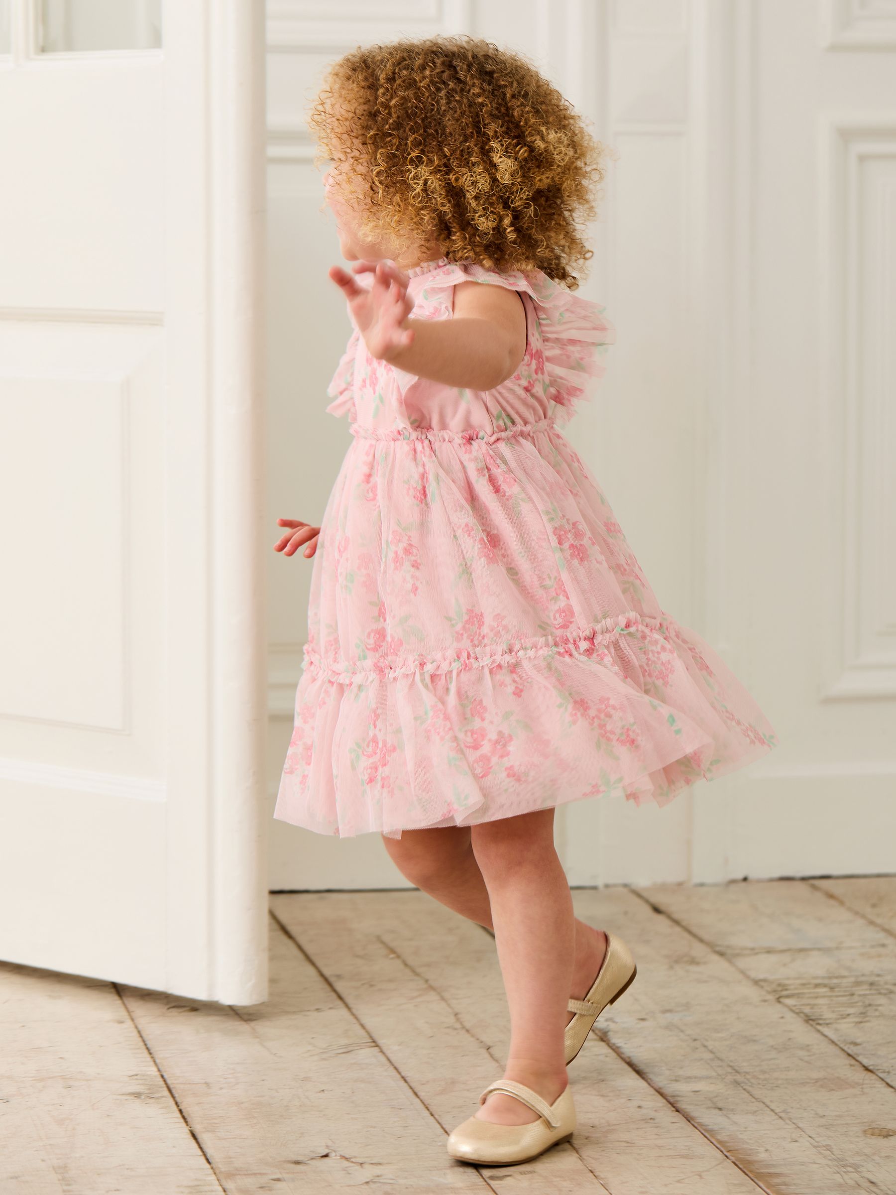 Pink Floral Floral Ruffle Shoulder Tiered Tulle Dress
