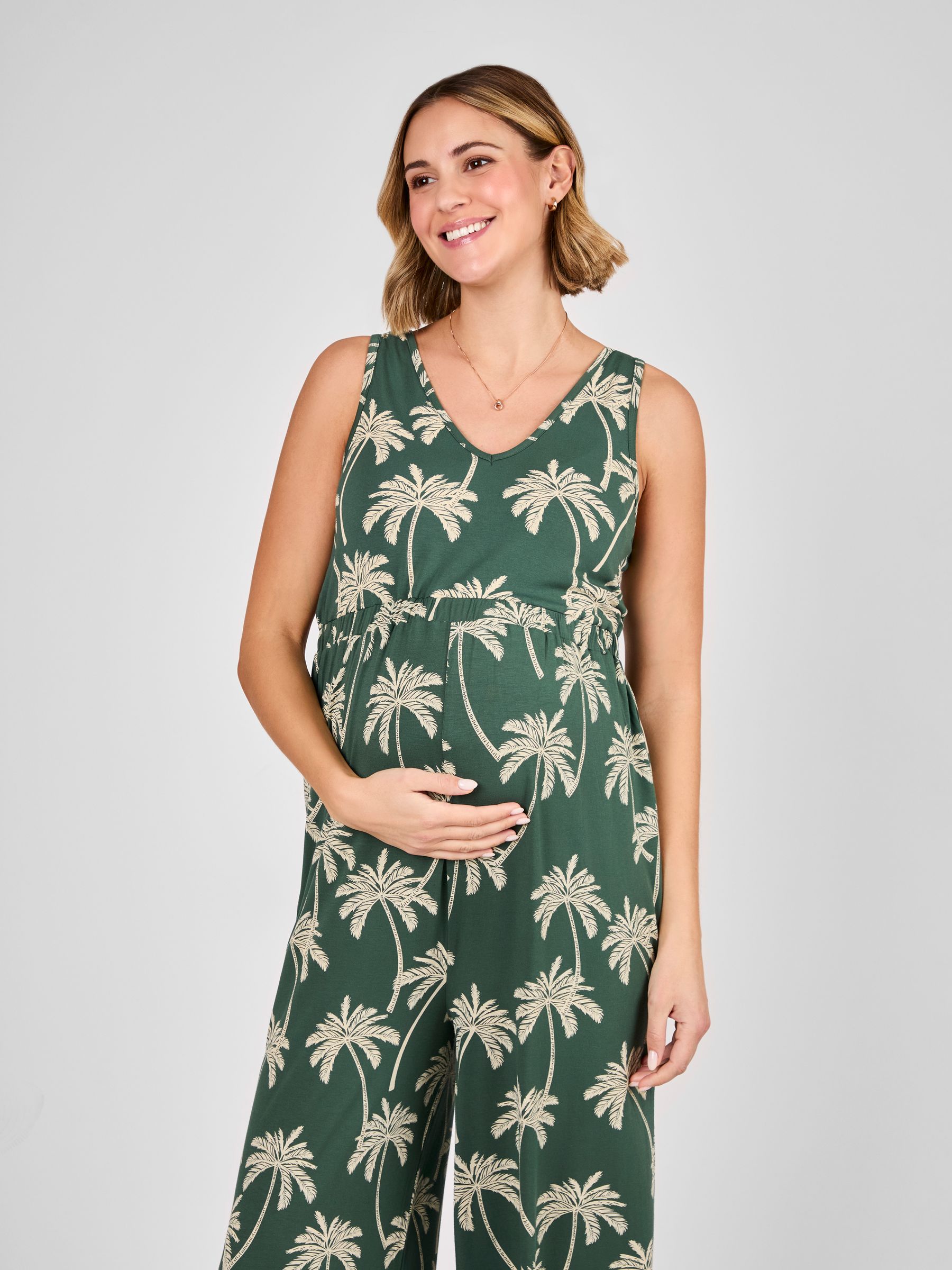 Khaki Maternity Palm Print Wide Leg Jersey Jumpsuit