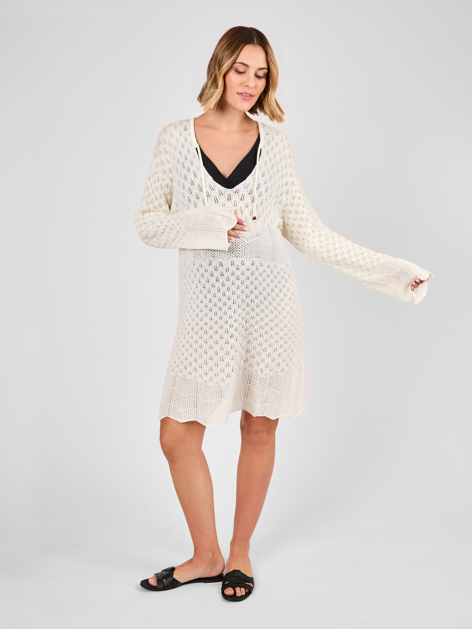 White Maternity Lace Knit Kaftan Dress