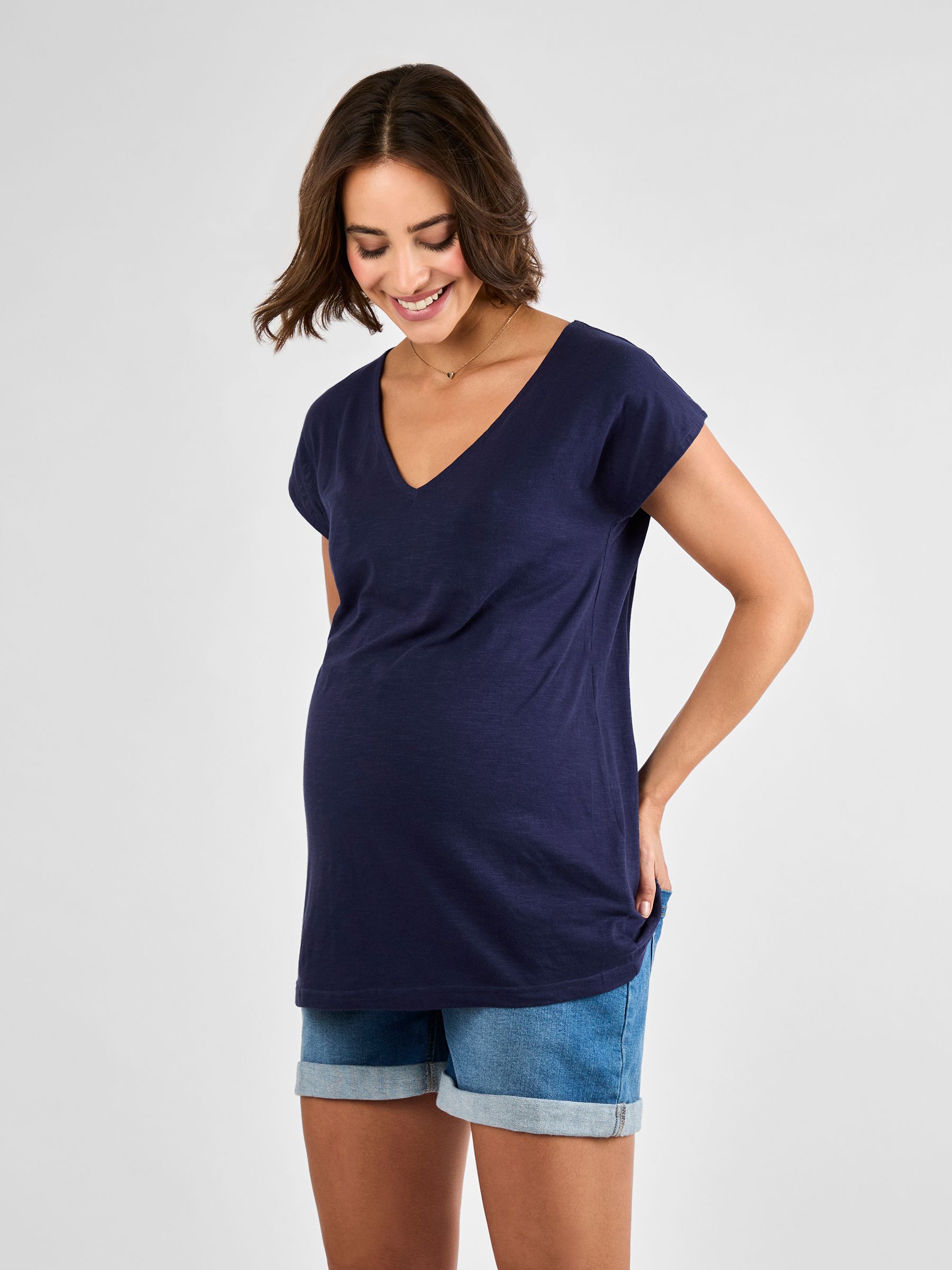 Navy V-Neck Maternity Cotton T-Shirt