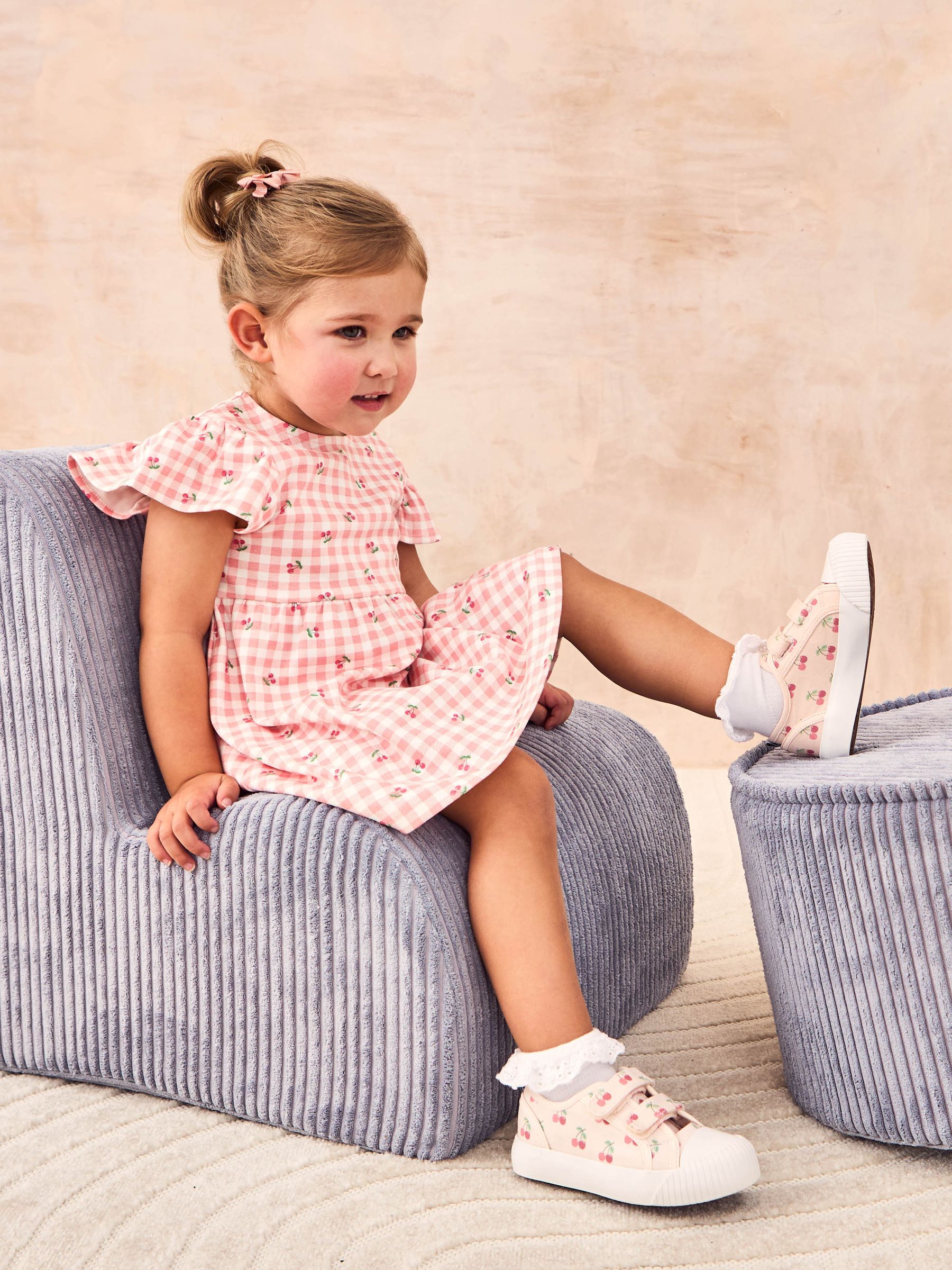 Pink Cherry Gingham Flutter Sleeve 100% Cotton Dress