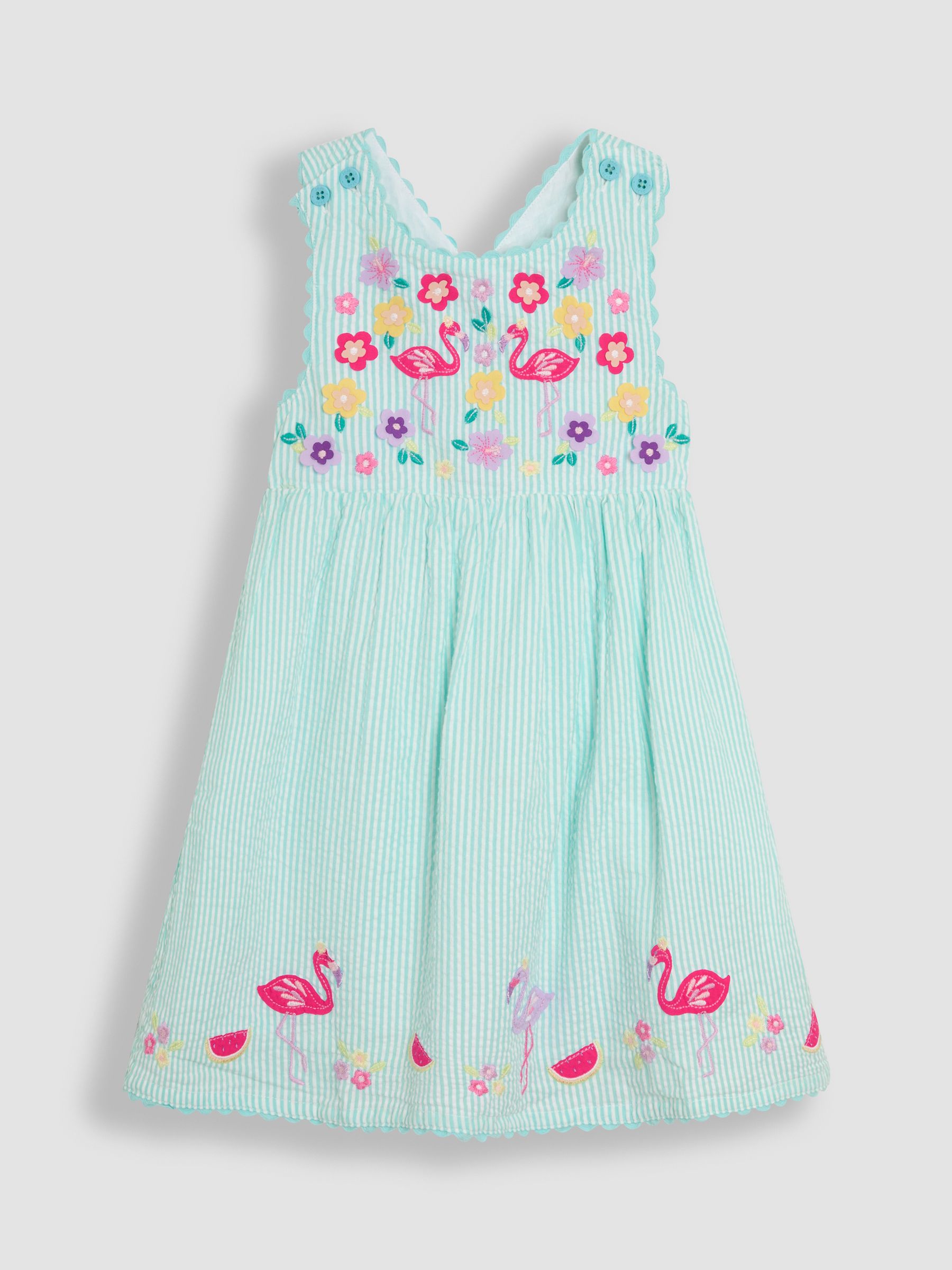 Mint Green Flamingo Appliqué Seersucker Cross Back Dress