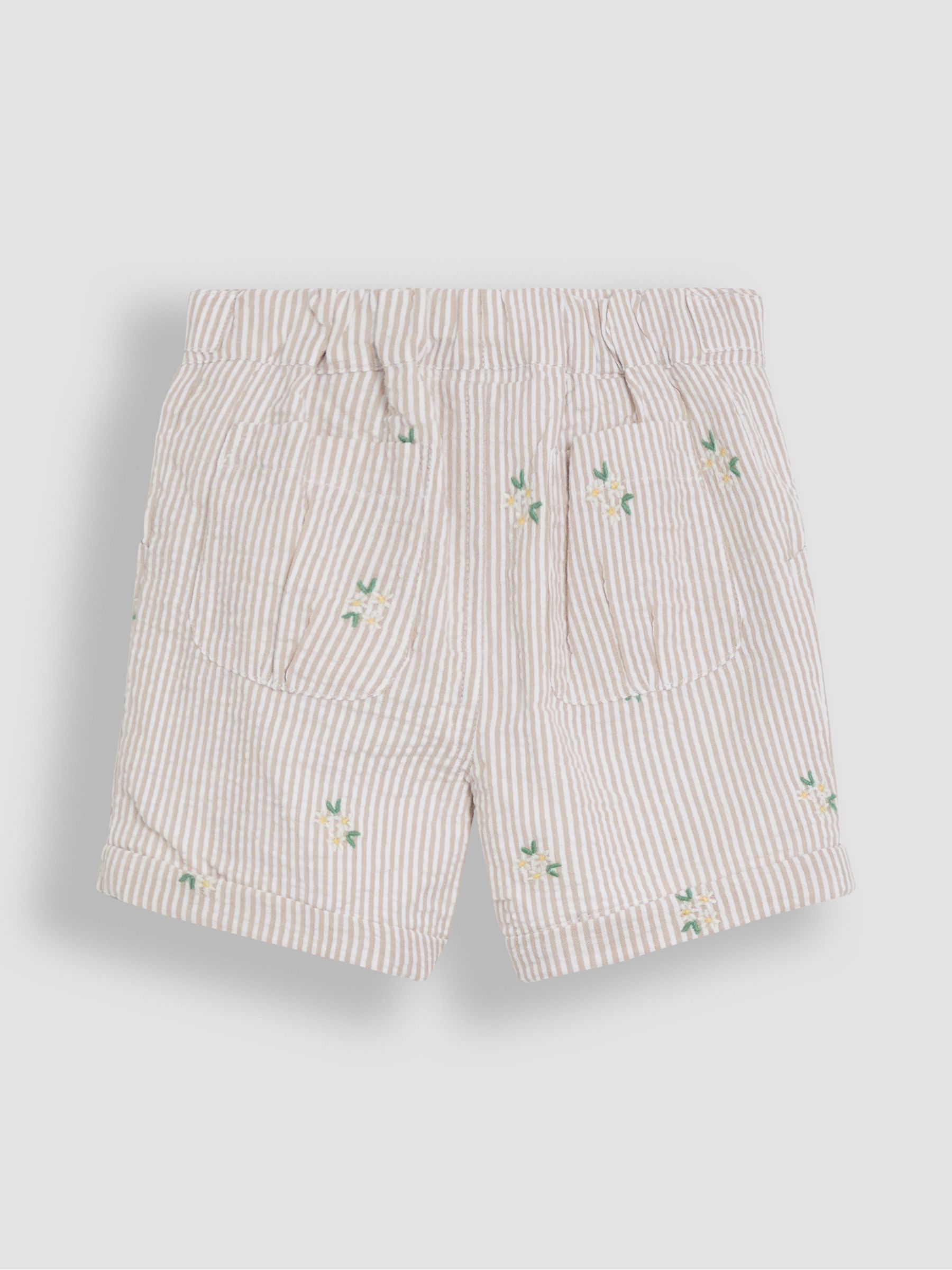 Natural Floral Seersucker Embroidered Turn-Up Hem Shorts