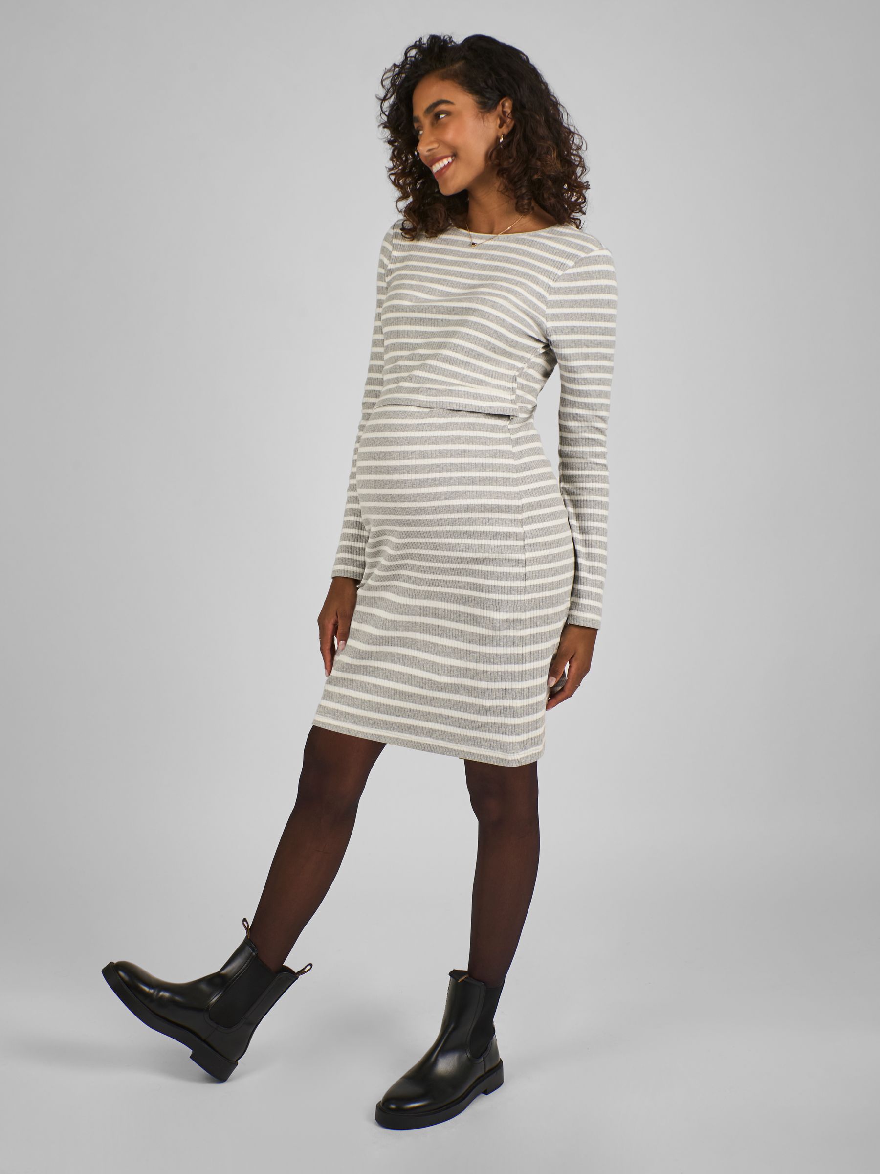 Grey and Ecru Cream Ribbed Mini Maternity & Nursing Dress