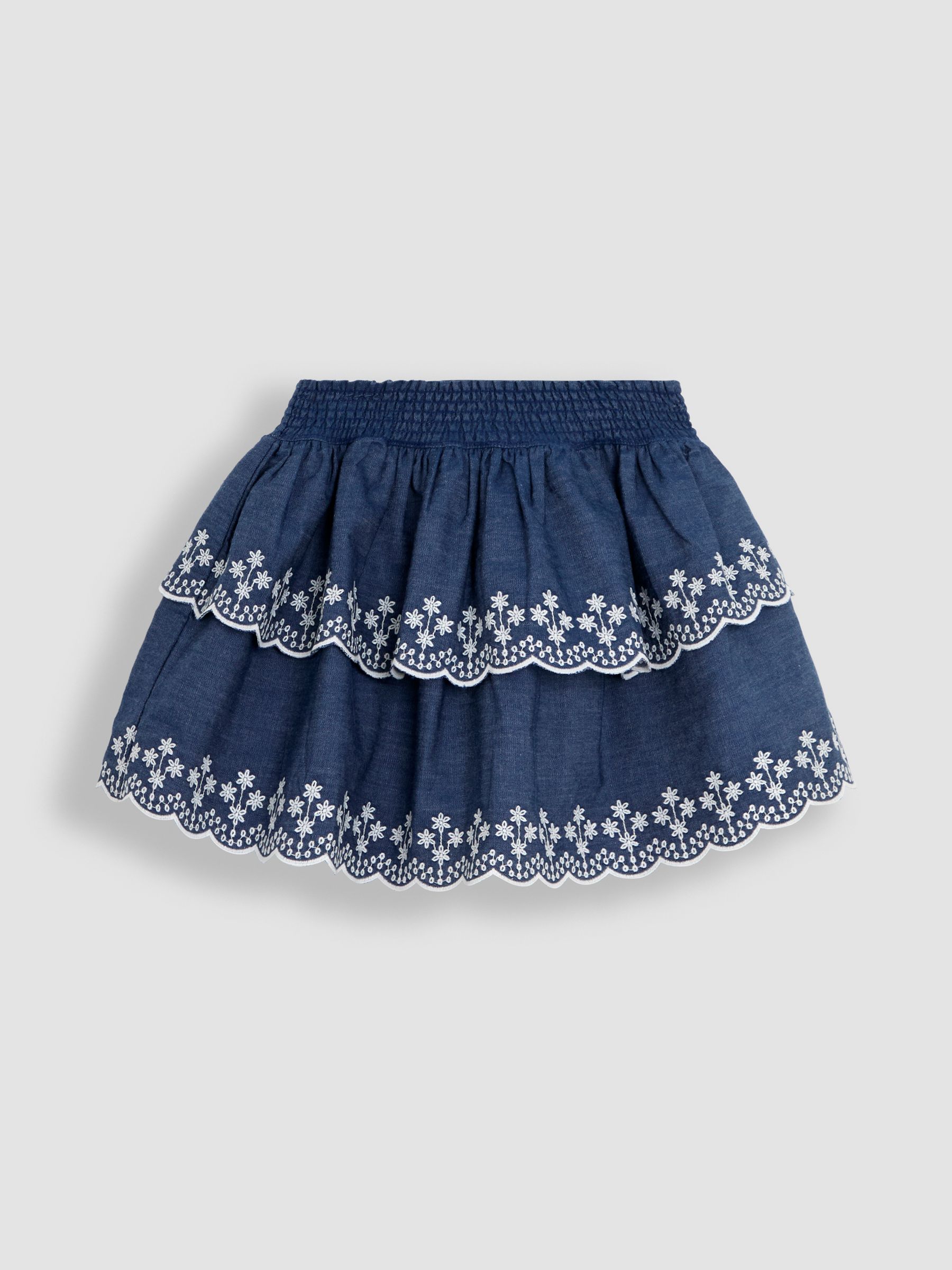 Blue Broderie Scallop Hem Tiered Skirt