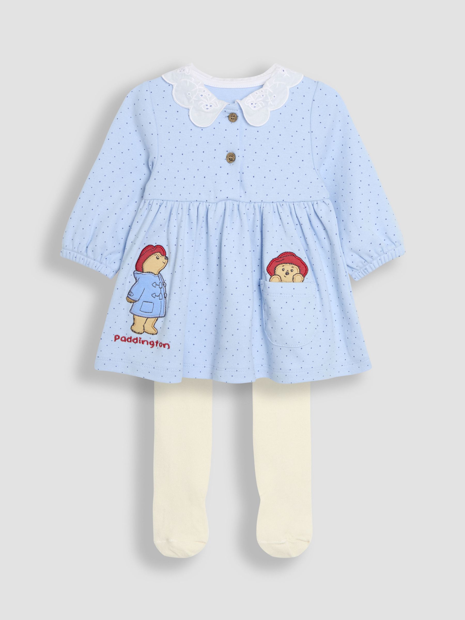 Blue Paddington Appliqué Button Front Dress & Tights Set