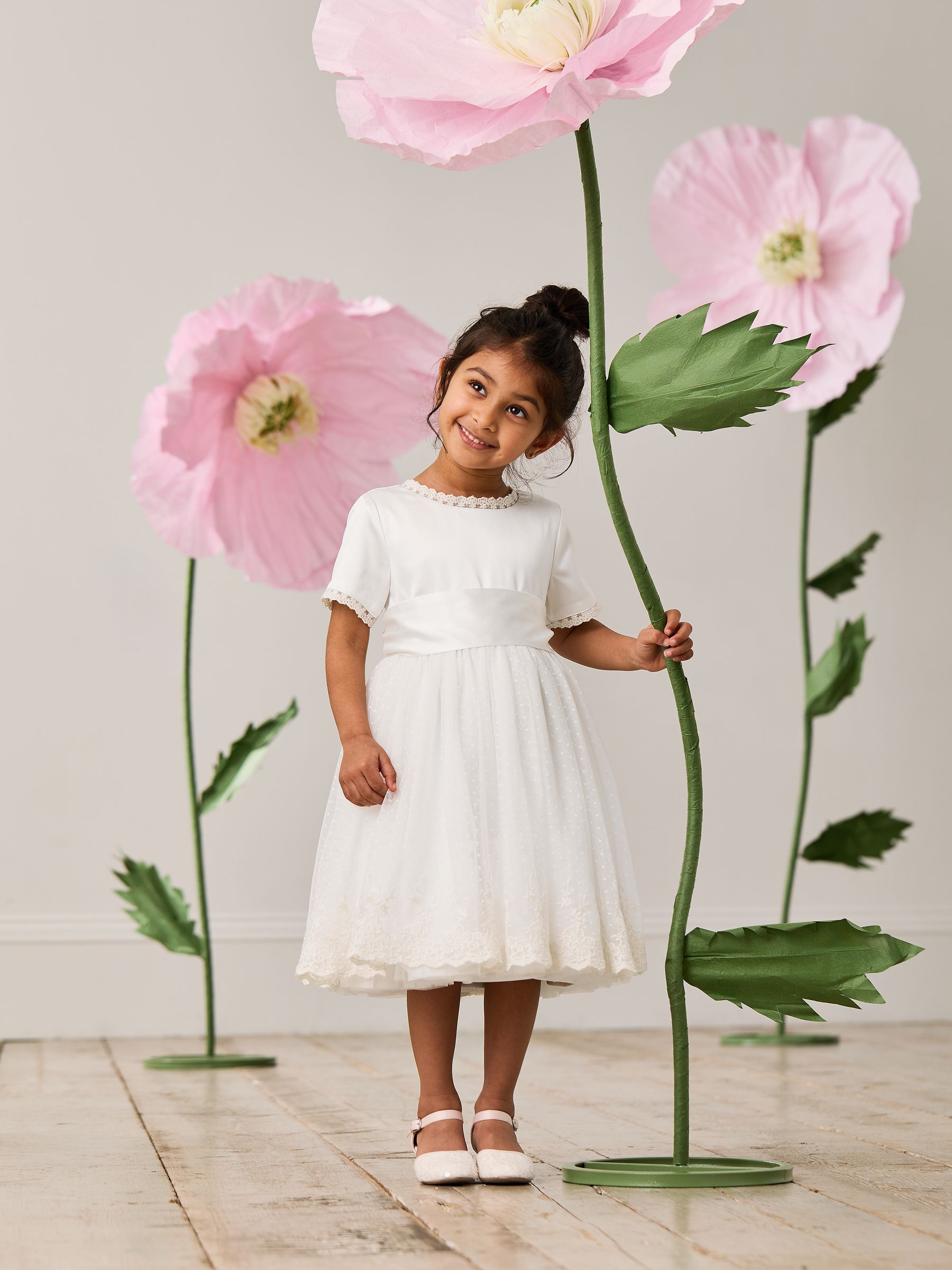 Cream Embroidered Lace Flower Girl Dress With Satin Sash