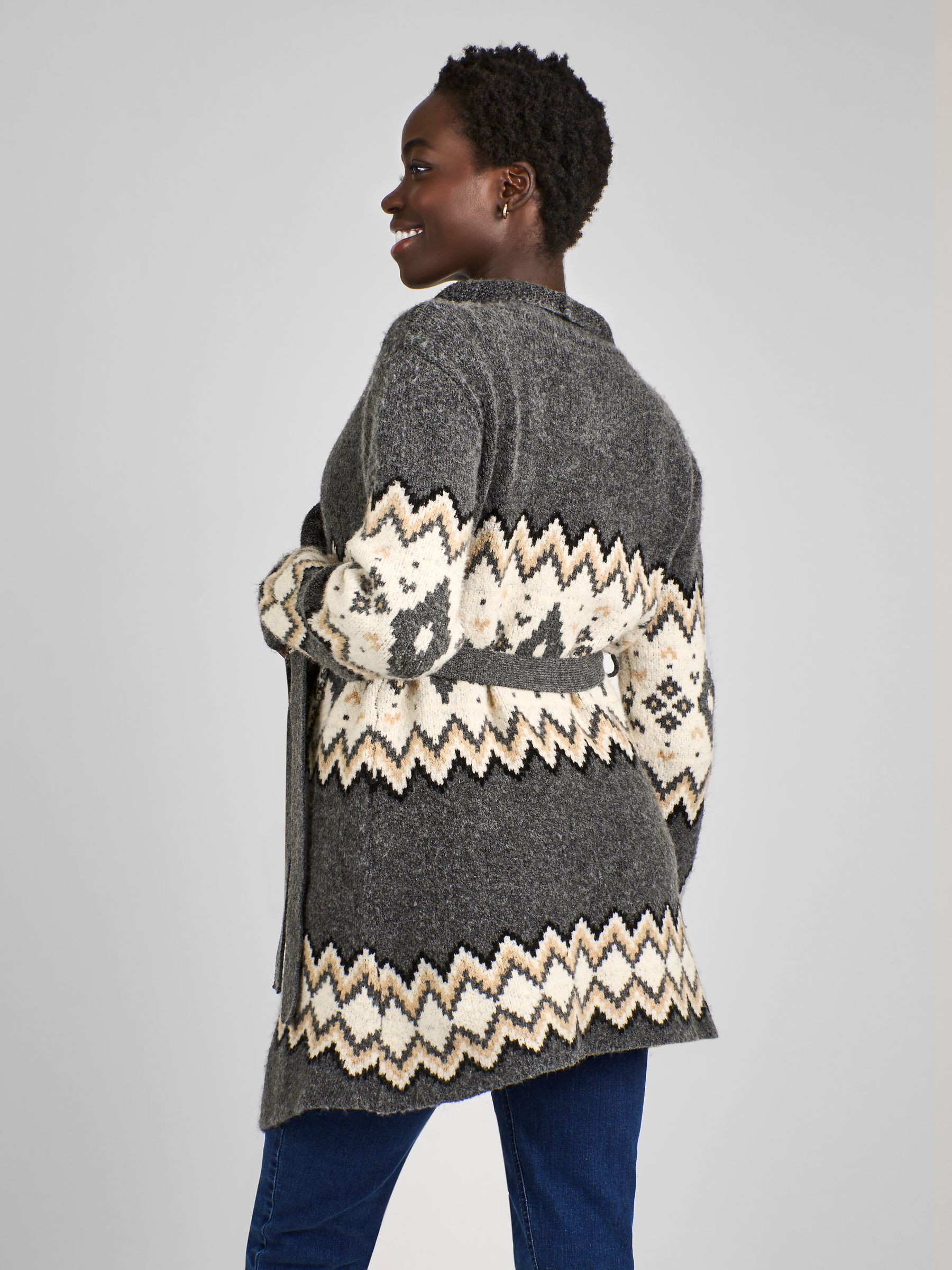 Charcoal Grey Maternity Drape Fair Isle Pattern Cardigan