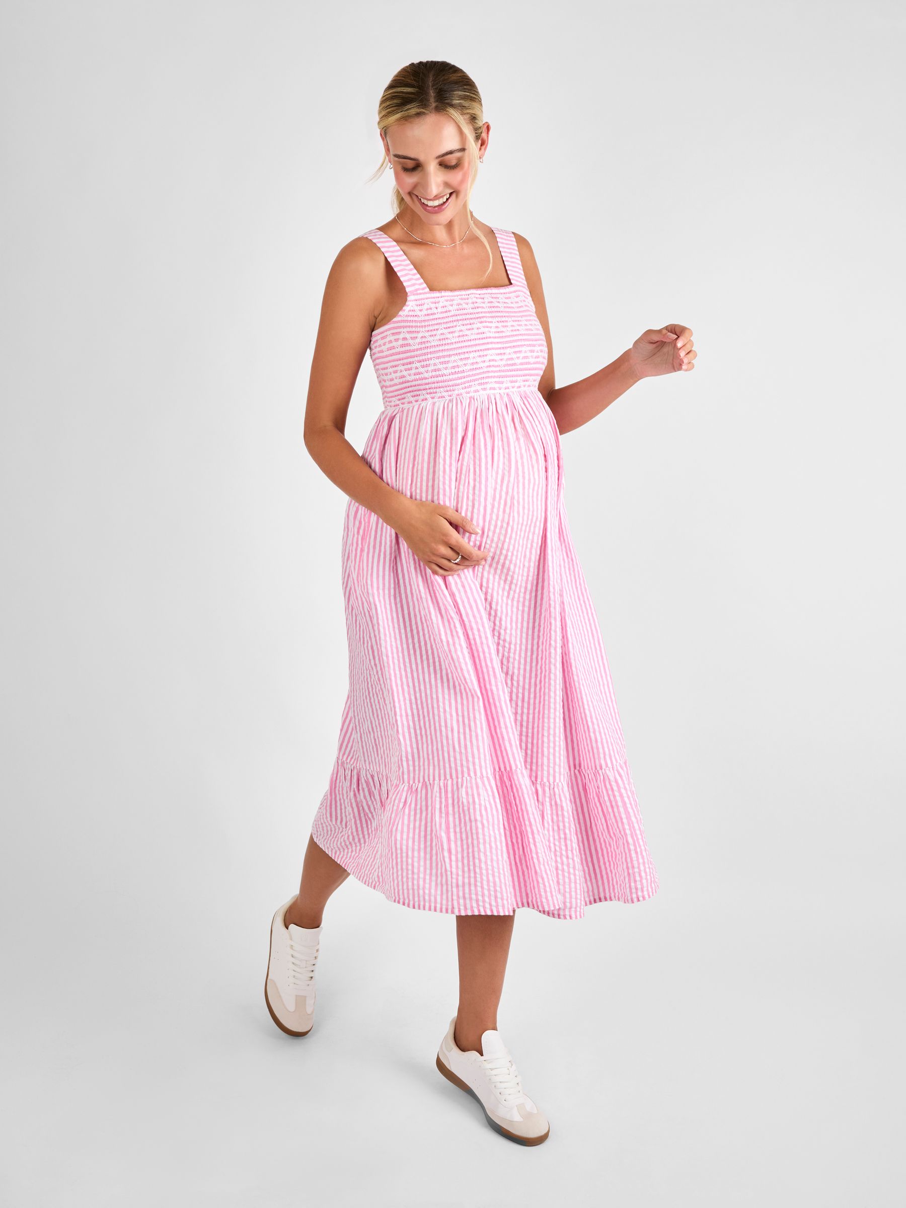 Pink Stripe Shirred Maternity Midi Dress