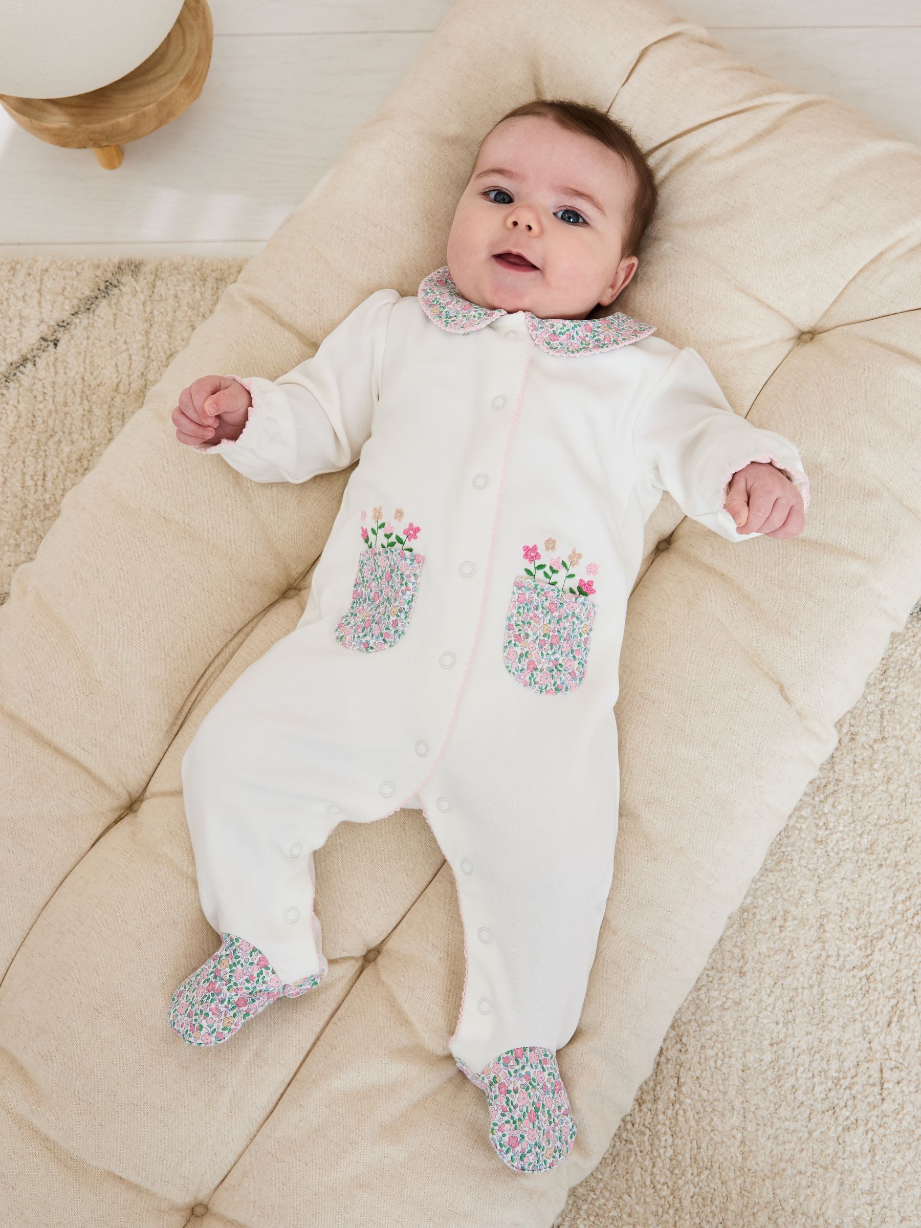 Cream Footed Collar 100% Cotton Embroidered Sleepsuit