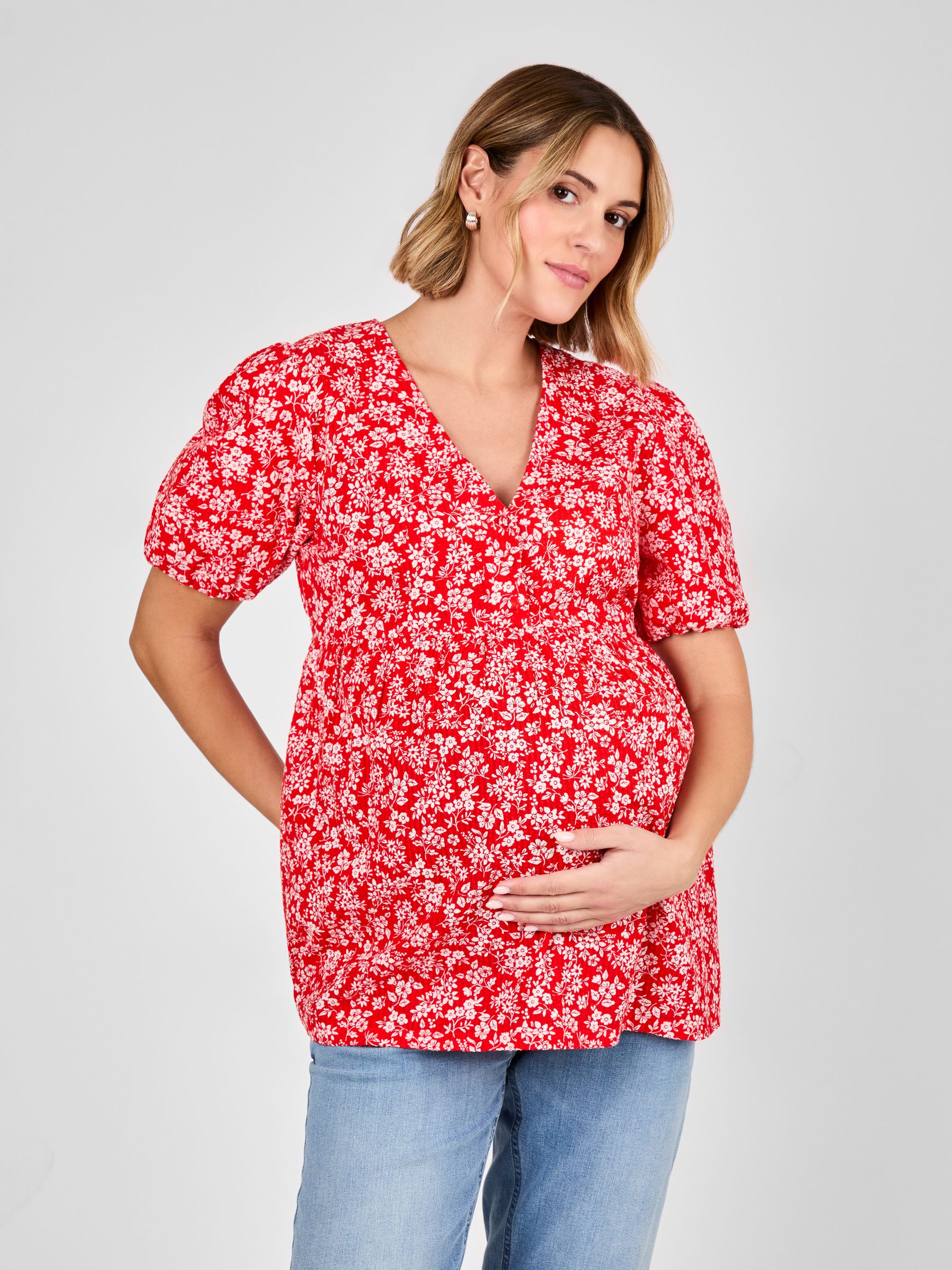 Red Maternity Short Sleeve Seersucker 100% Cotton Blouse
