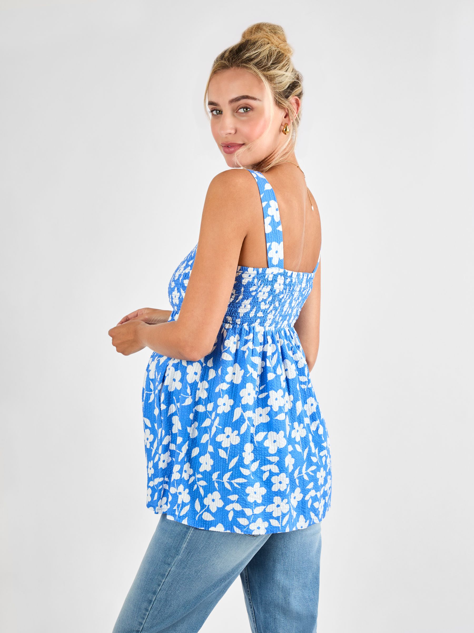 Blue Floral Shirred Maternity 100% Cotton Top