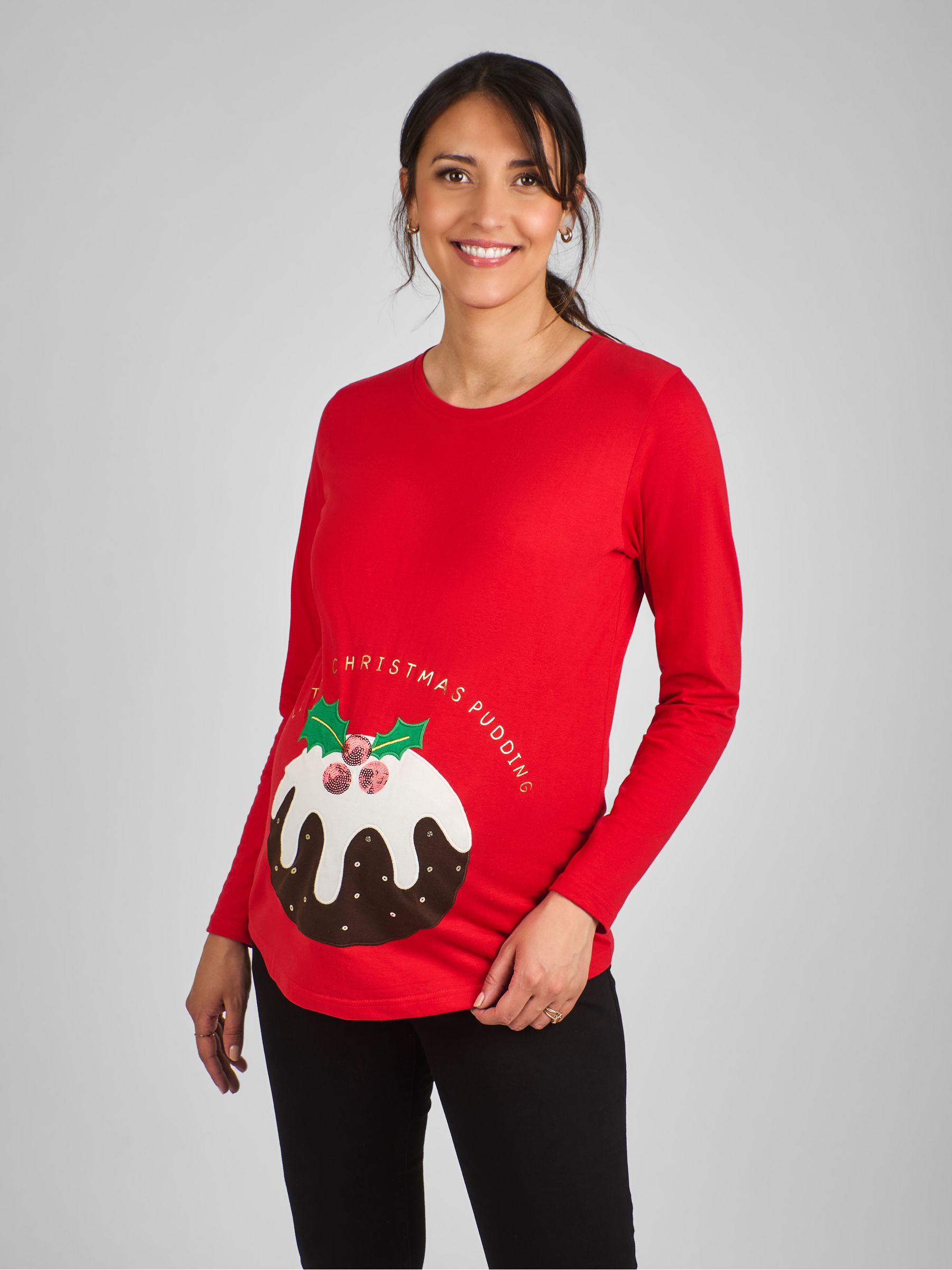 Red Maternity Christmas Pudding Cotton Top