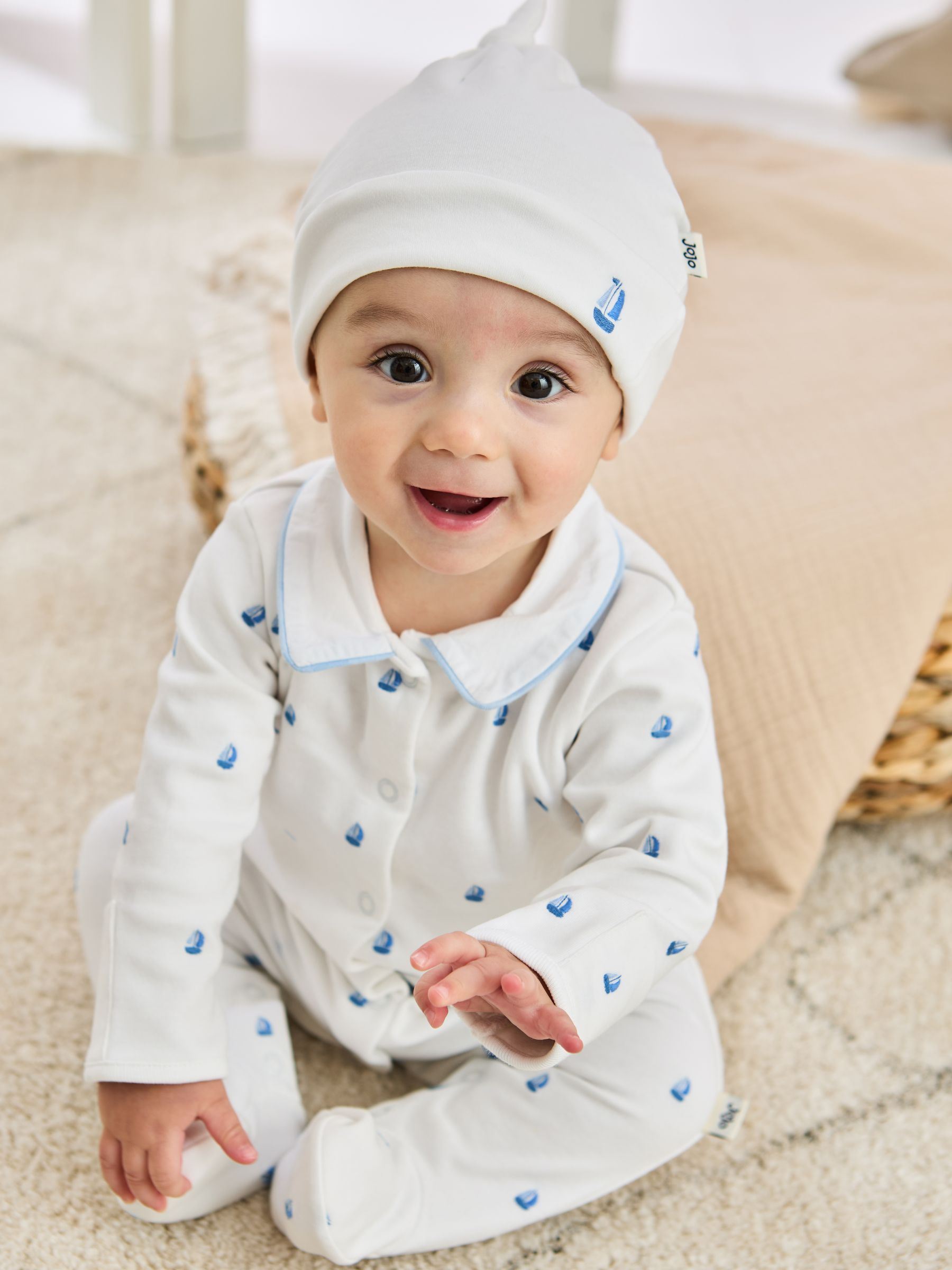 White Cotton 2-Piece Embroidered Sleepsuit and Hat Set