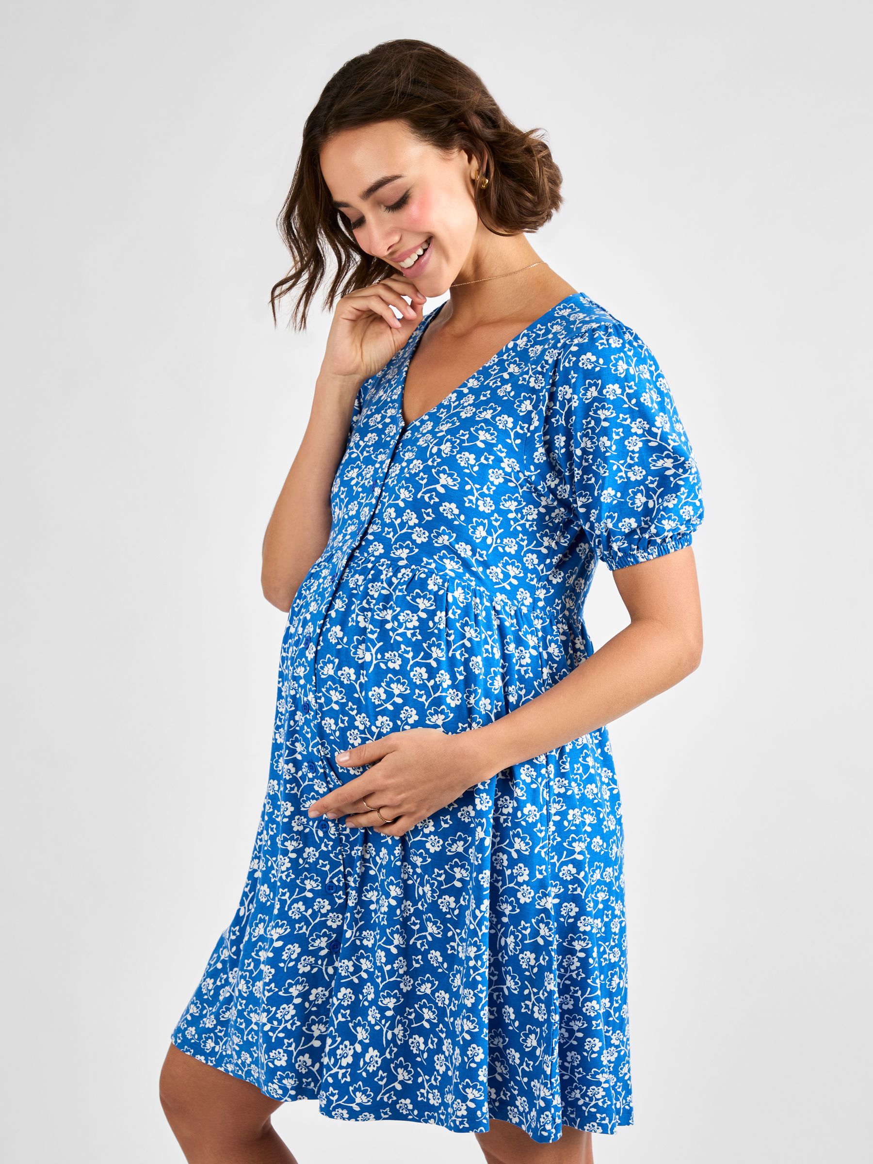 Blue Floral Button Through Maternity Jersey Dress