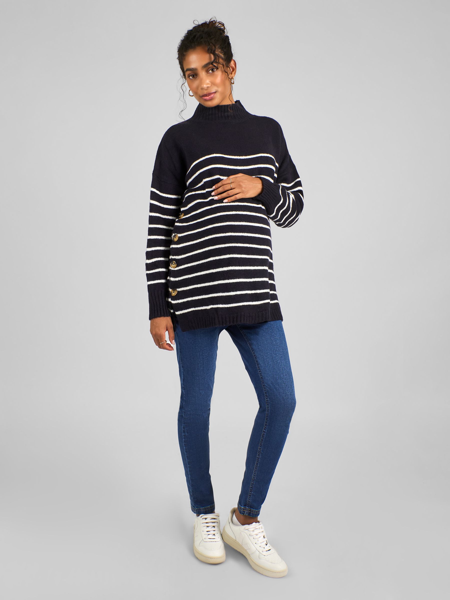 Navy Ecru Stripe Turtle Neck Maternity & Nursing Jumper