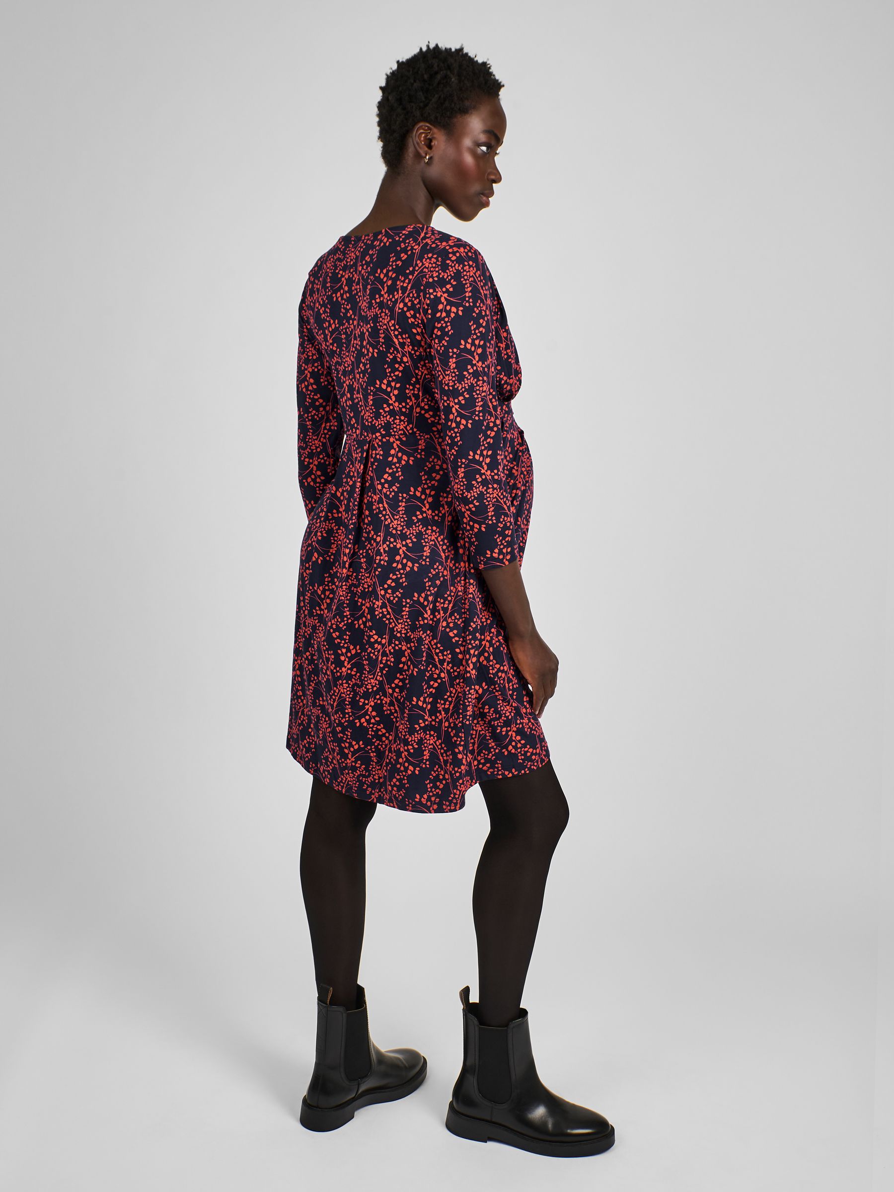 Navy Blue Print Jersey Pleated Maternity & Nursing Dress