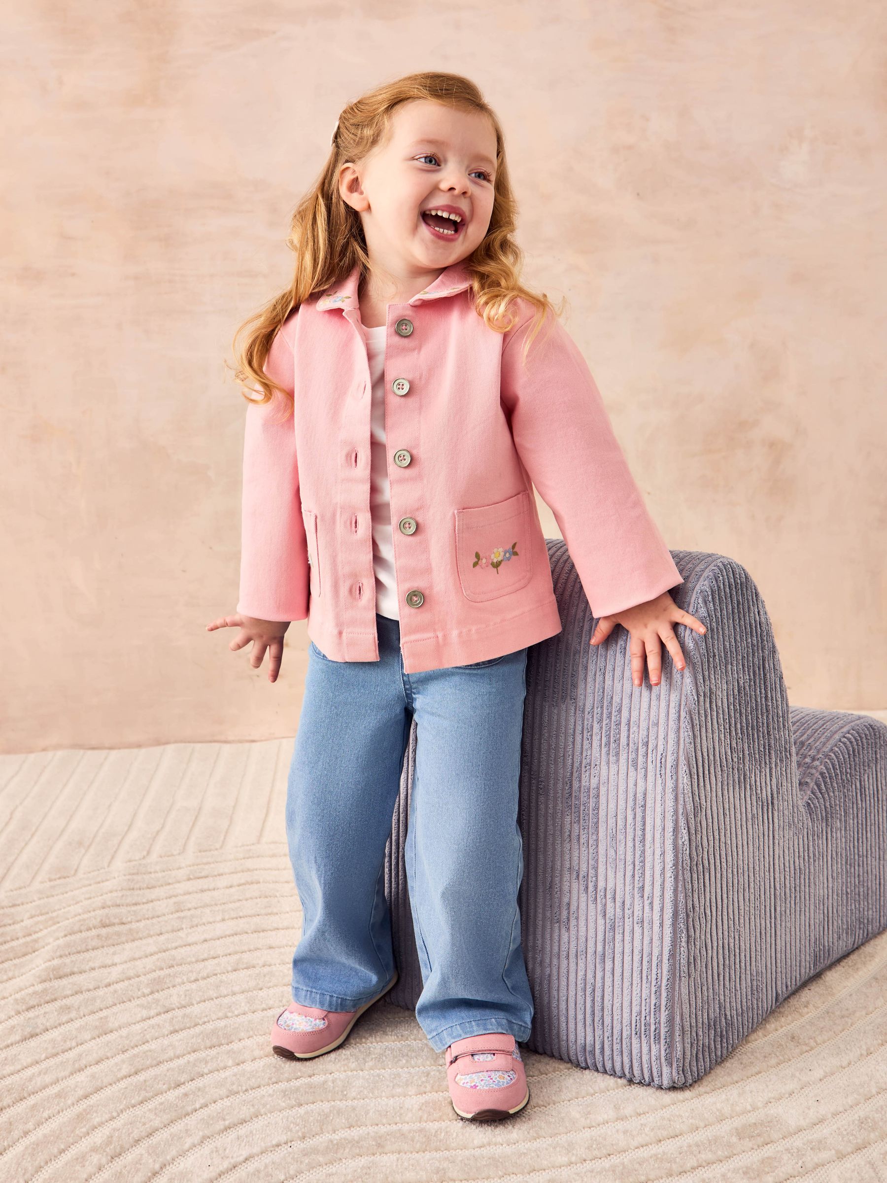 Pink Floral Embroidered Collared Twill Jacket