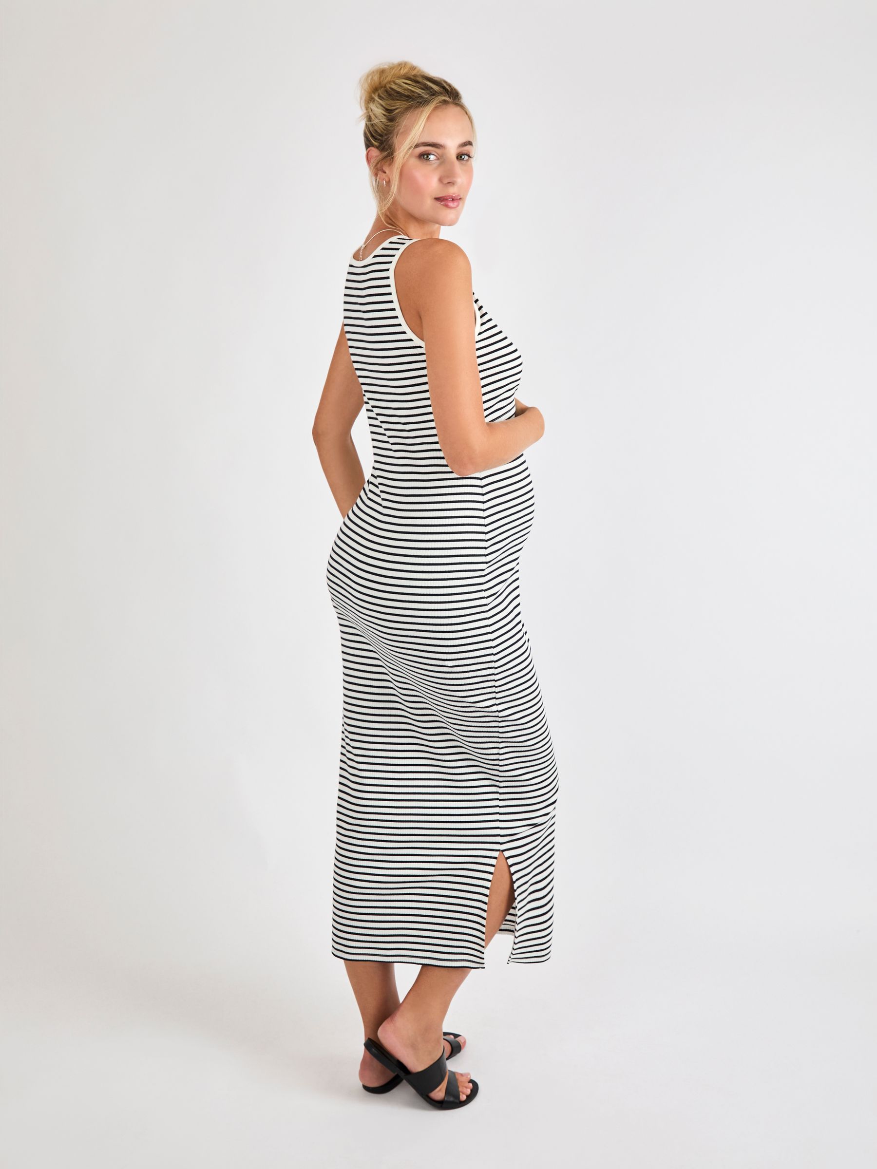 Cream Stripe Sleeveless Ribbed Mat & Nursing Maxi Dress