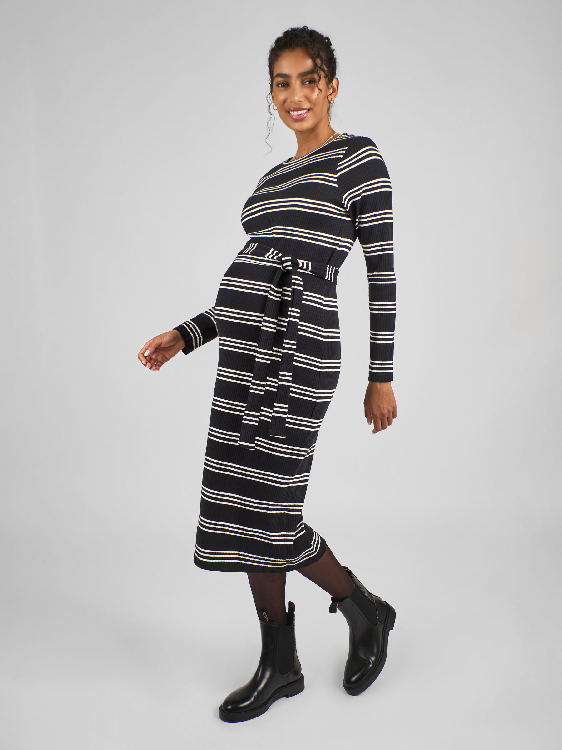 Black Cream Stripe Maternity Stripe Ribbed Dress