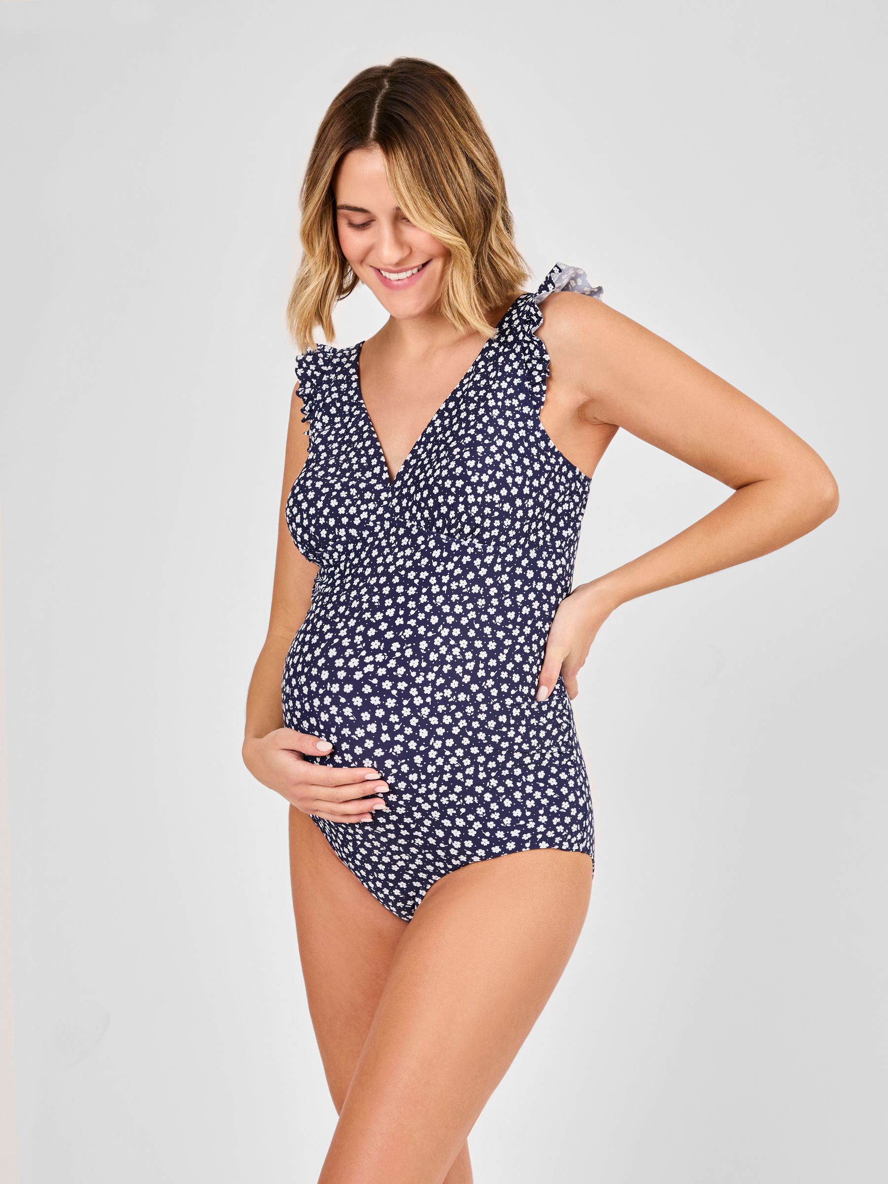 Navy Maternity Ditsy Print Frill Sleeve V-Neck Swimsuit