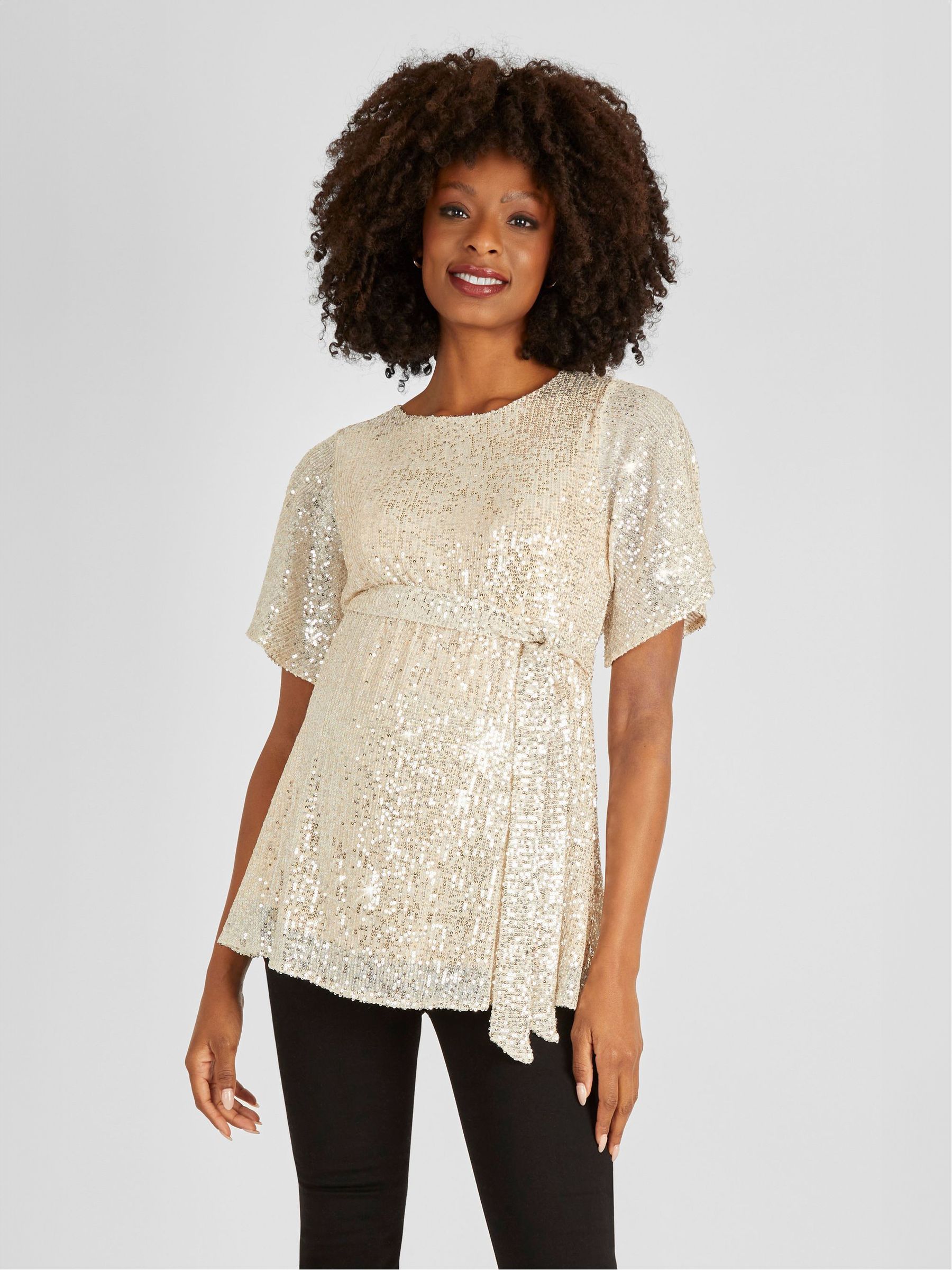 Champagne Gold Sequin Maternity Flutter Sleeve Top