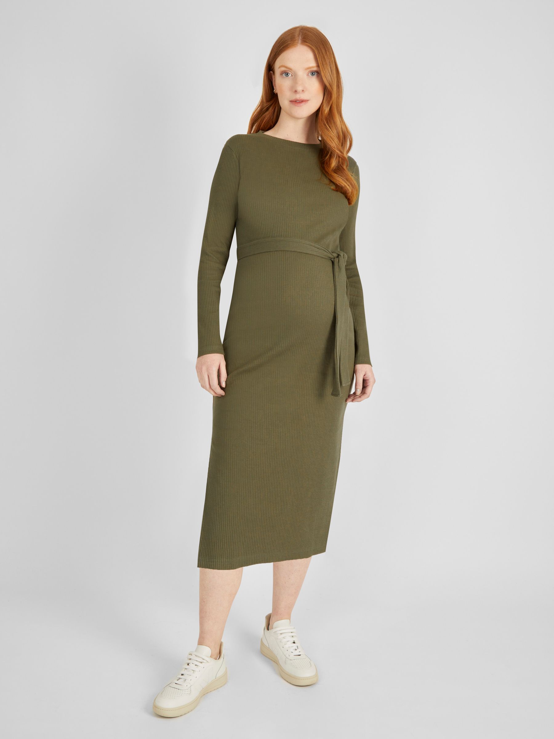 Khaki Green Ribbed Jersey Maternity Dress