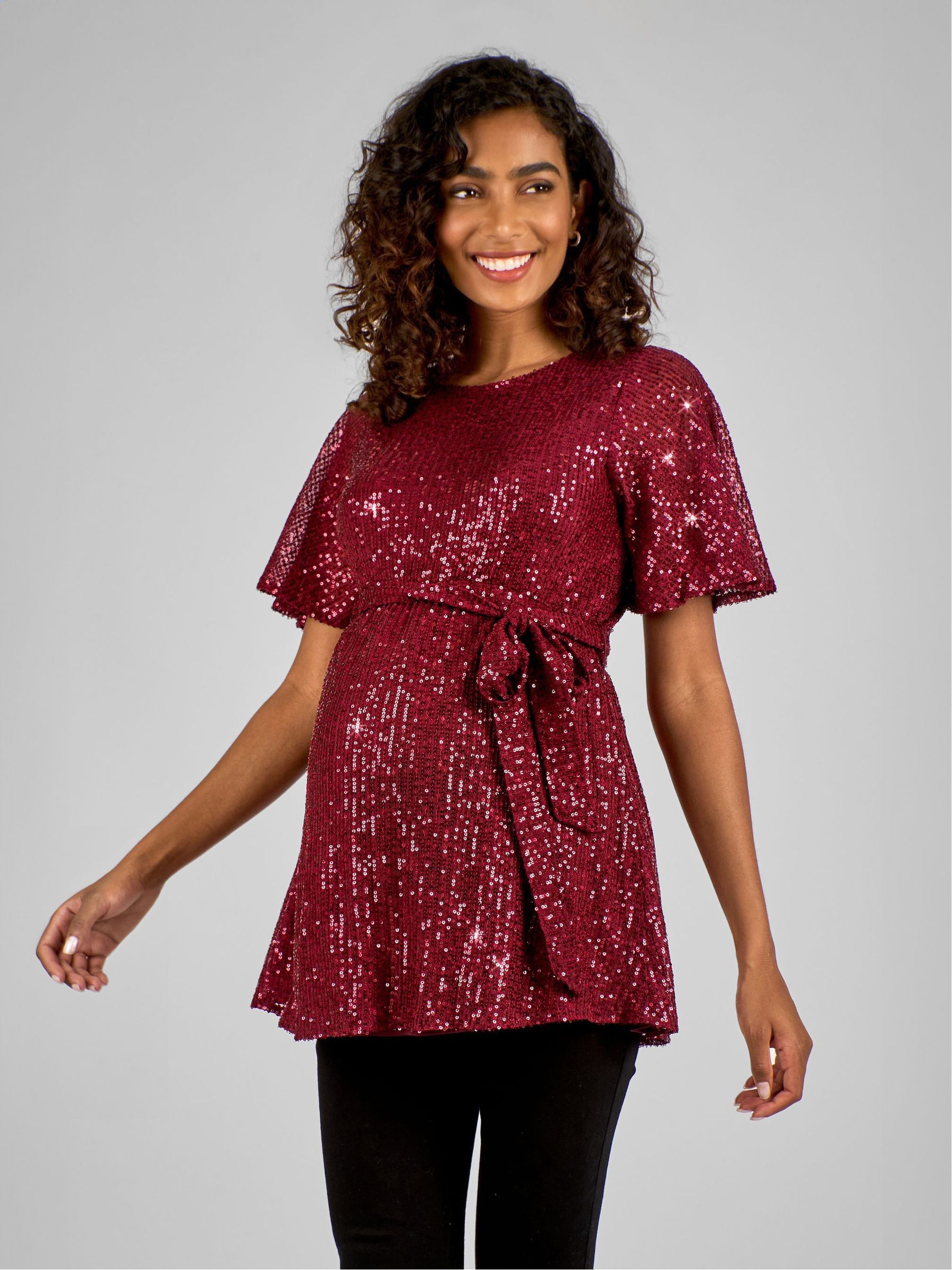 Wine Red Sequin Maternity Flutter Sleeve Top