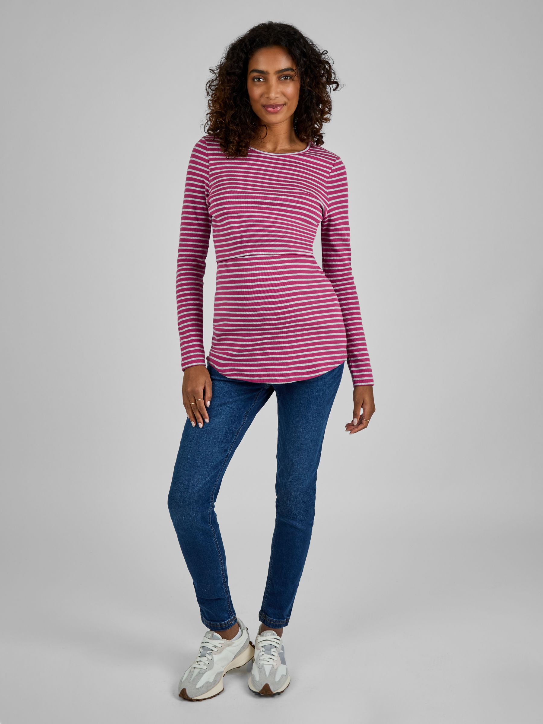 Pink & Grey Stripe Ribbed Jersey Maternity & Nursing Top