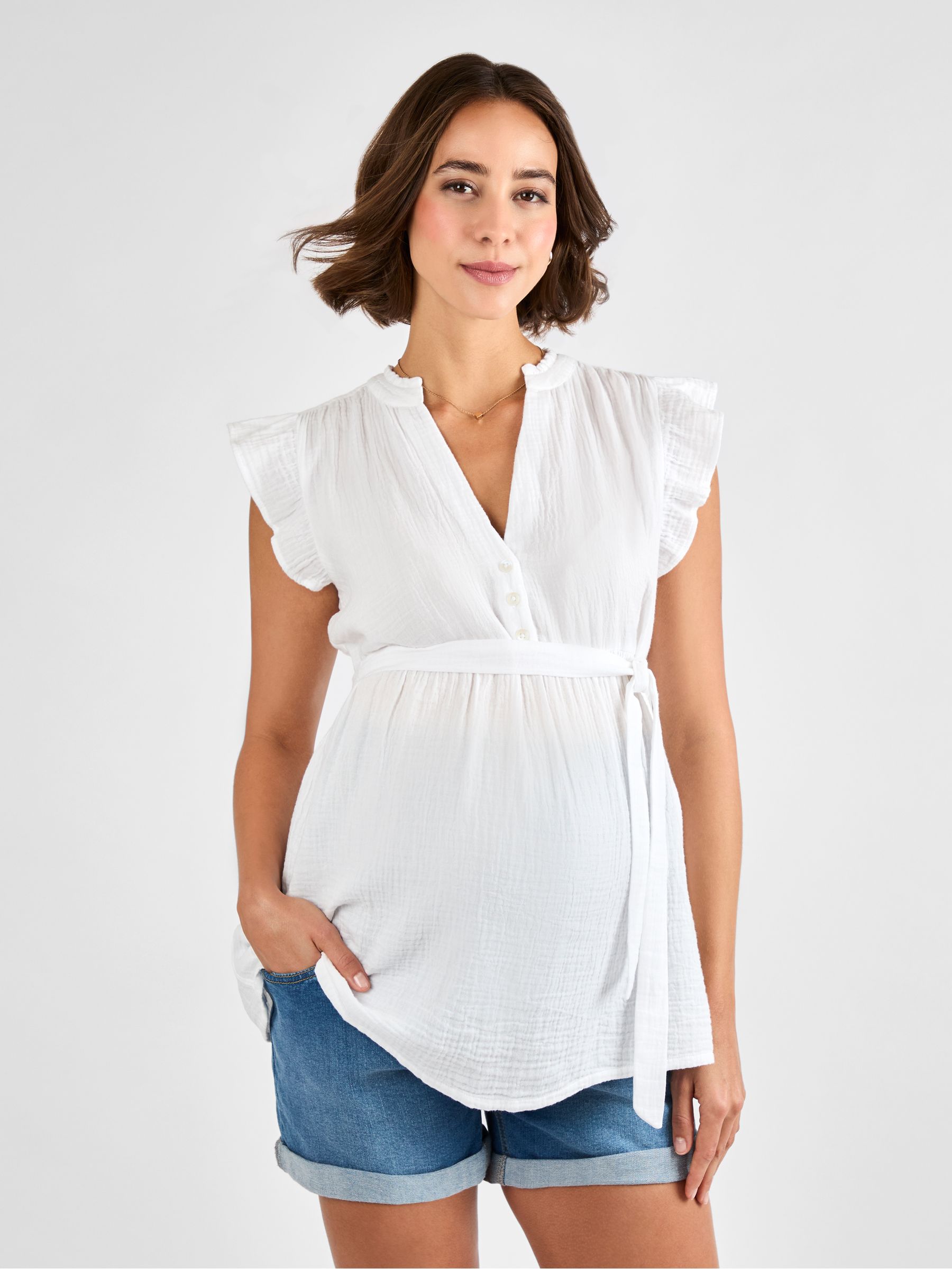 White Frill Sleeve Textured Maternity Blouse