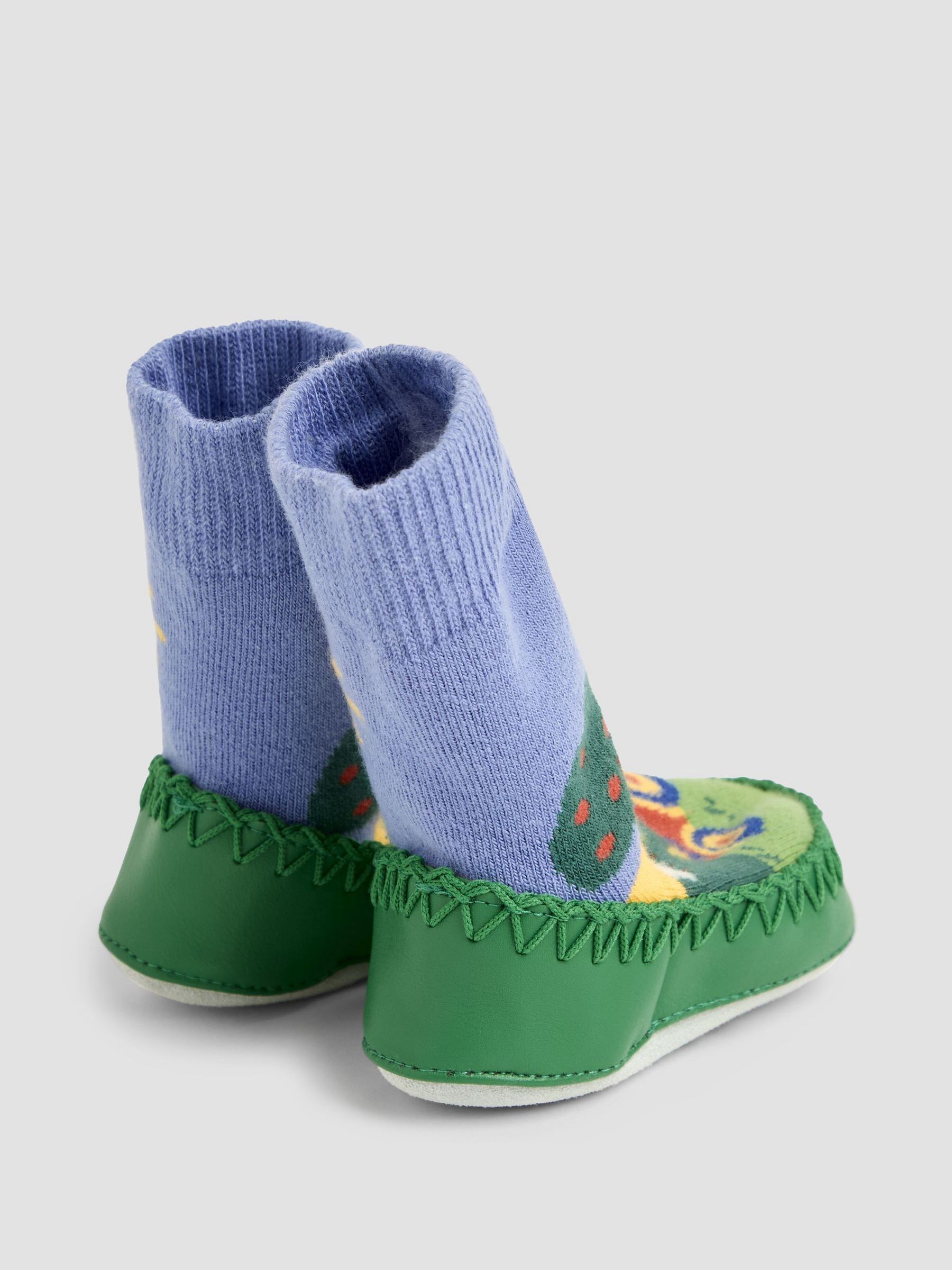 Farm Scene Moccasin Slipper Socks in Blue