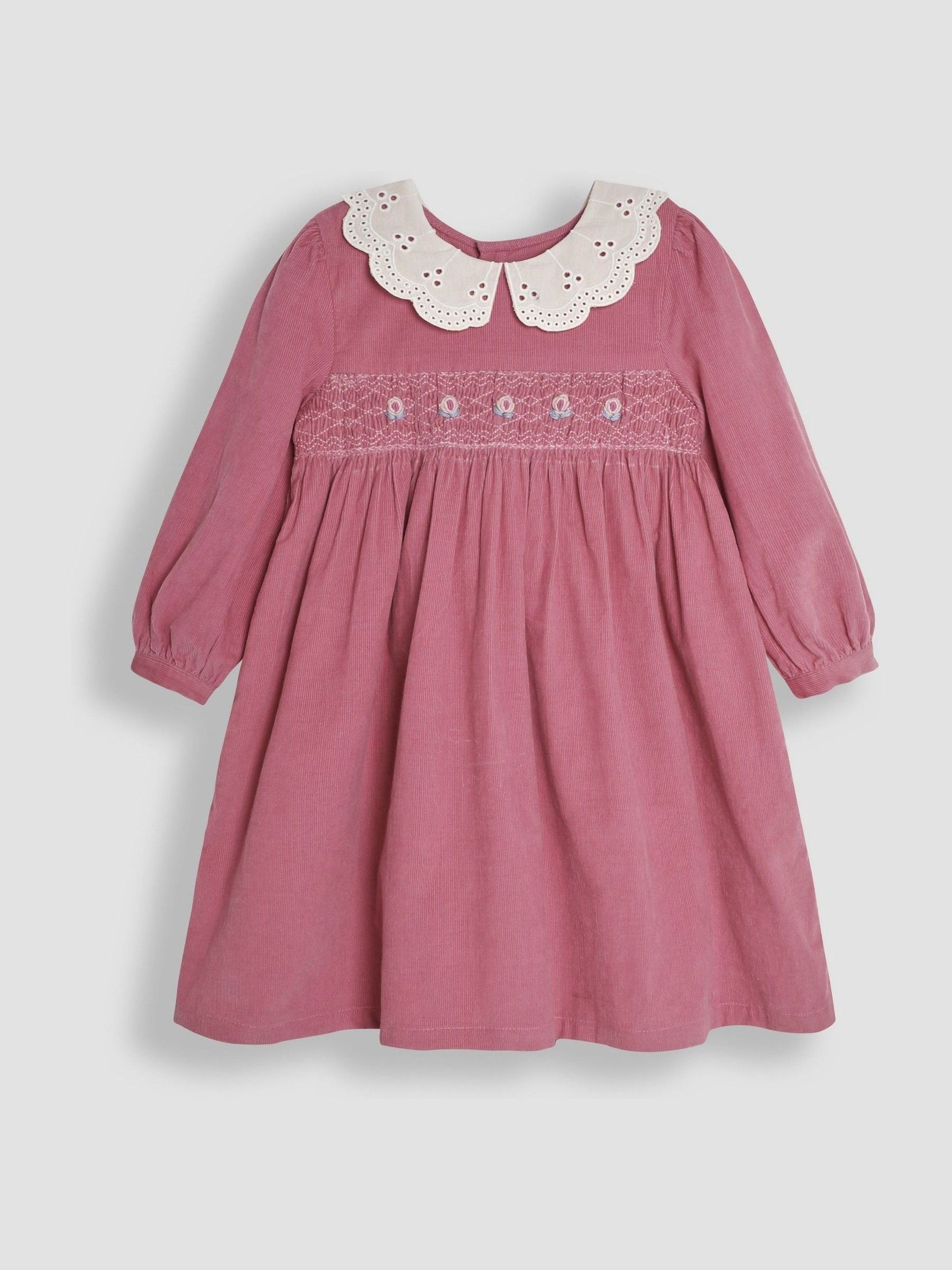 Pink Floral Embroidered Smocked Cord Dress