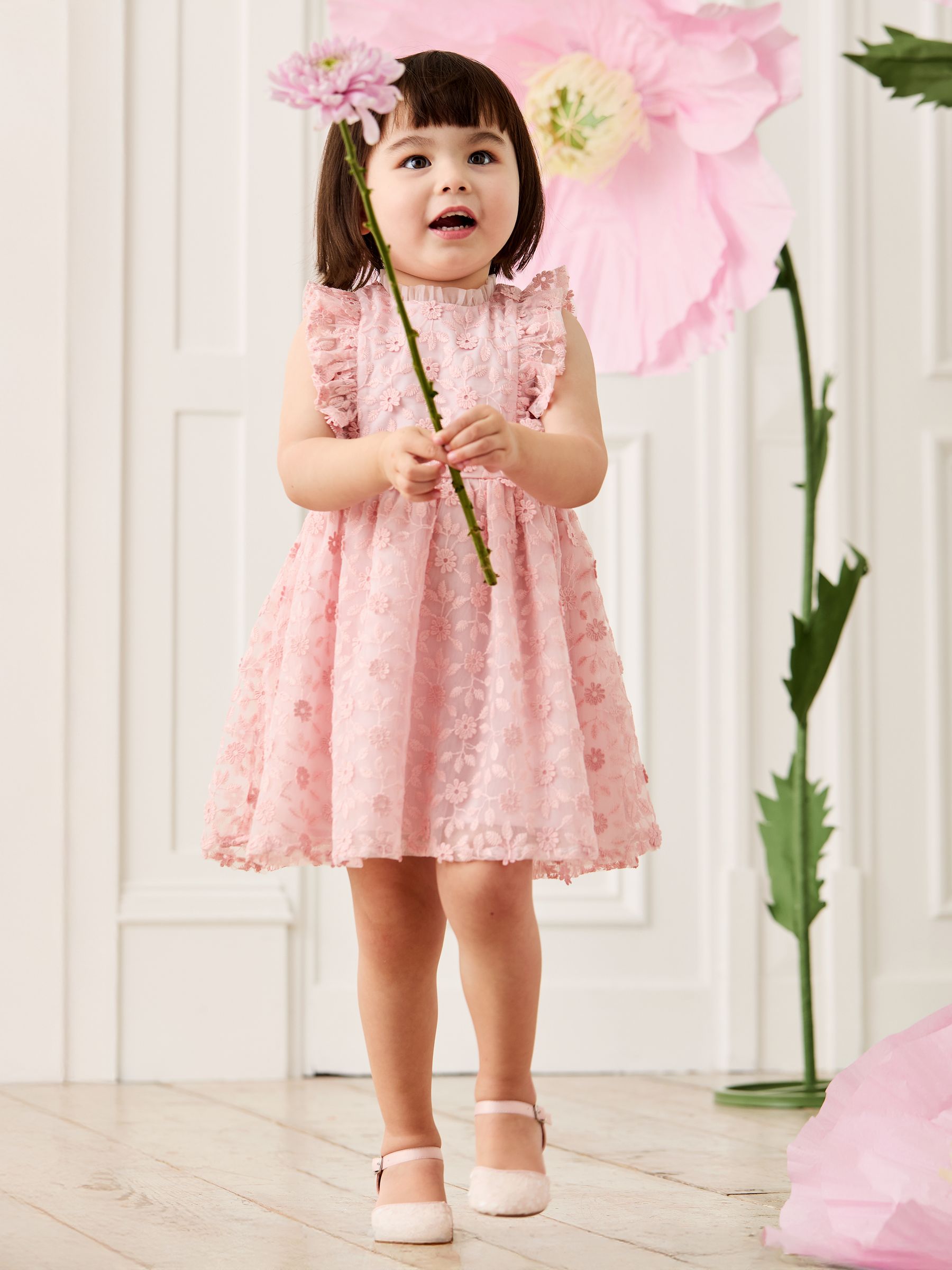 Pale Pink Embroidered Lace Frill Flower Print Girl Dress