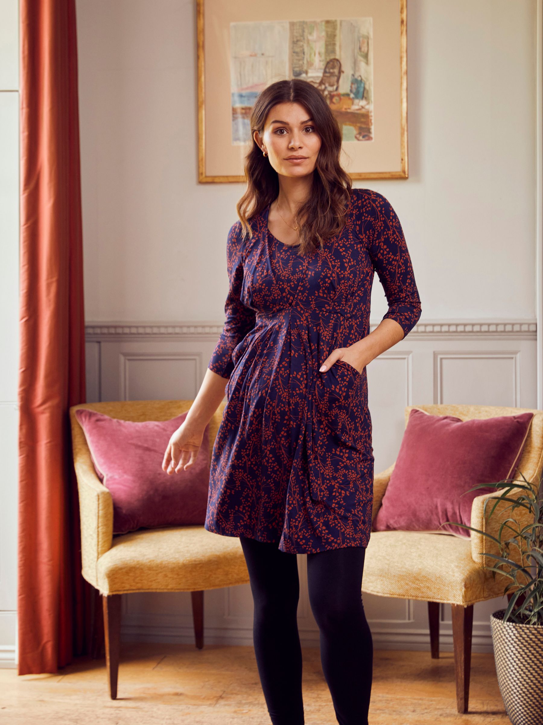 Navy Blue Print Jersey Pleated Maternity & Nursing Dress