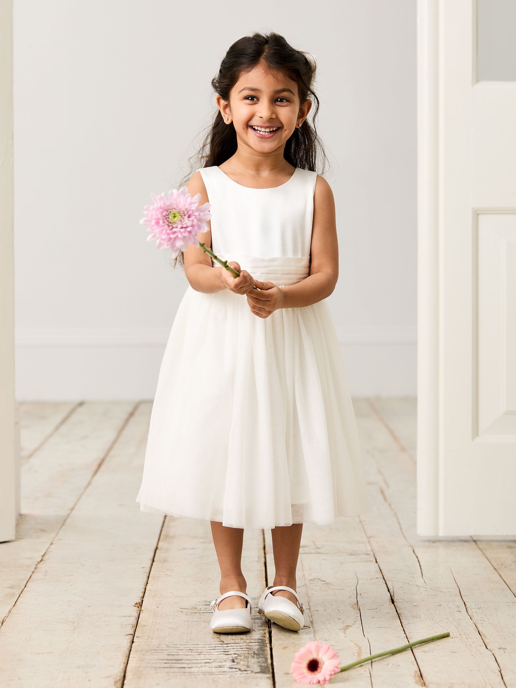 Cream Girl Satin Flower Dress With Satin Sash