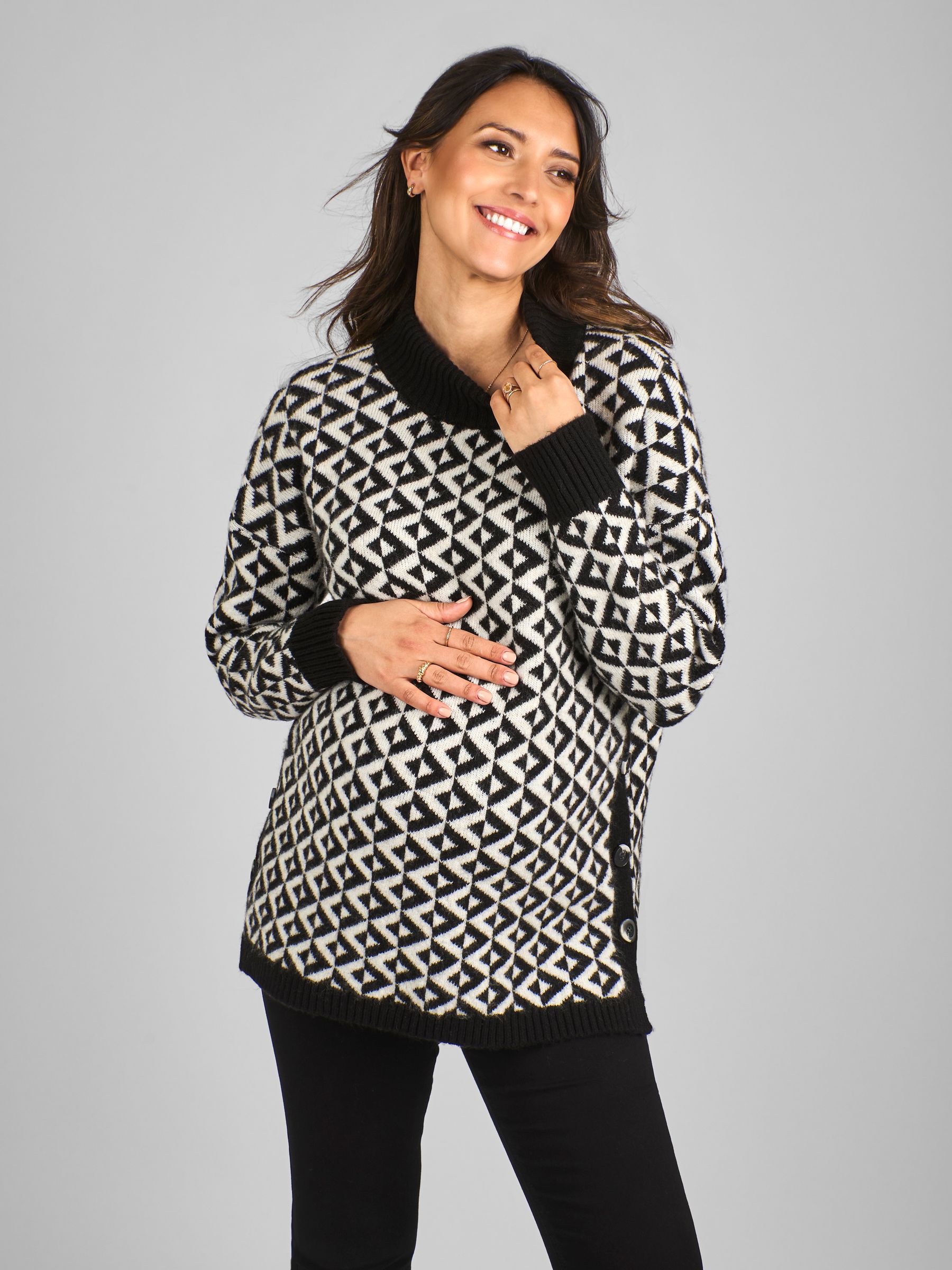 Black Maternity And Nursing Geo Turtle Neck Jumper
